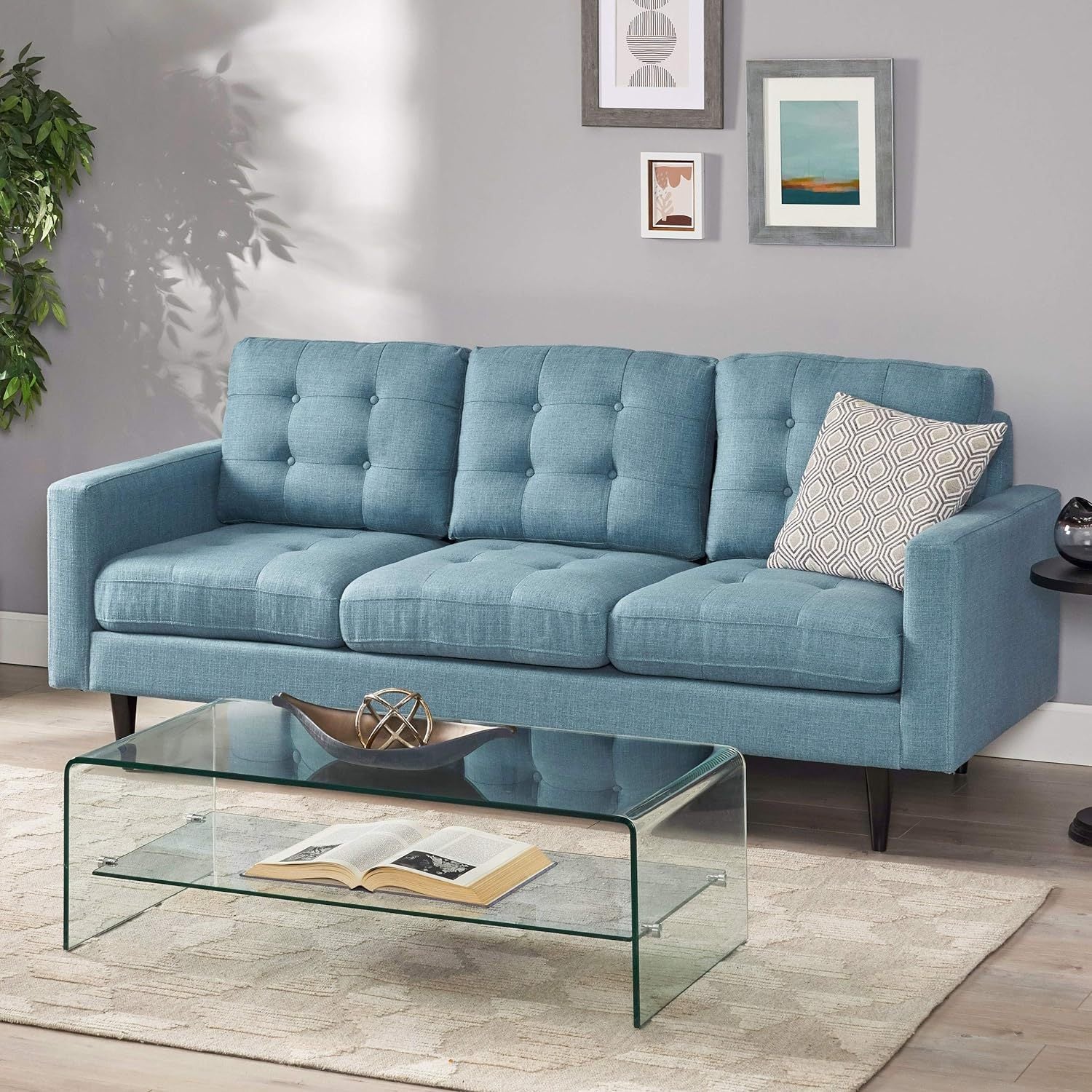 Jenny Contemporary Tufted Fabric 3 Seater Sofa Blue Fabric