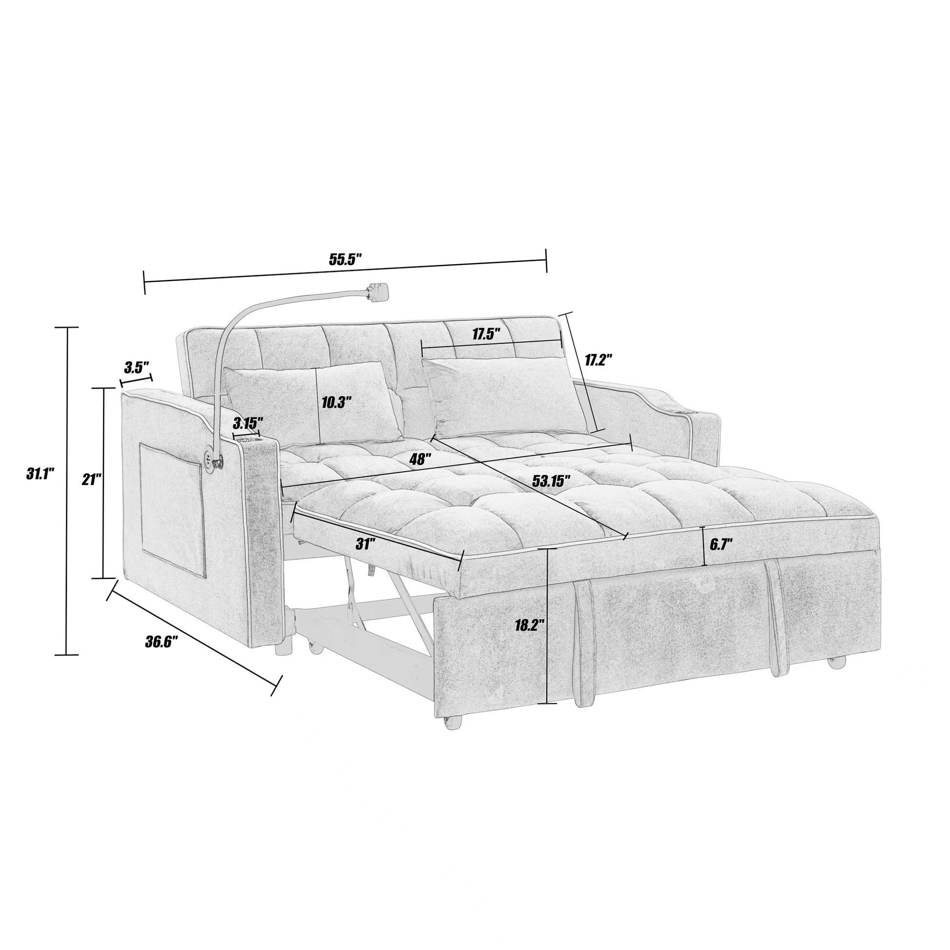 55.51 Inch Versatile Foldable Sofa Bed In 3 Lengths, Modern Sofa Sofa Sofa Velvet Pull Out Bed, Adjustable Back And With Usb Port And Ashtray And Swivel Phone Stand Grey Grey Velvet Wood Primary Living Space Medium Soft Cushion Back Delicate Duty