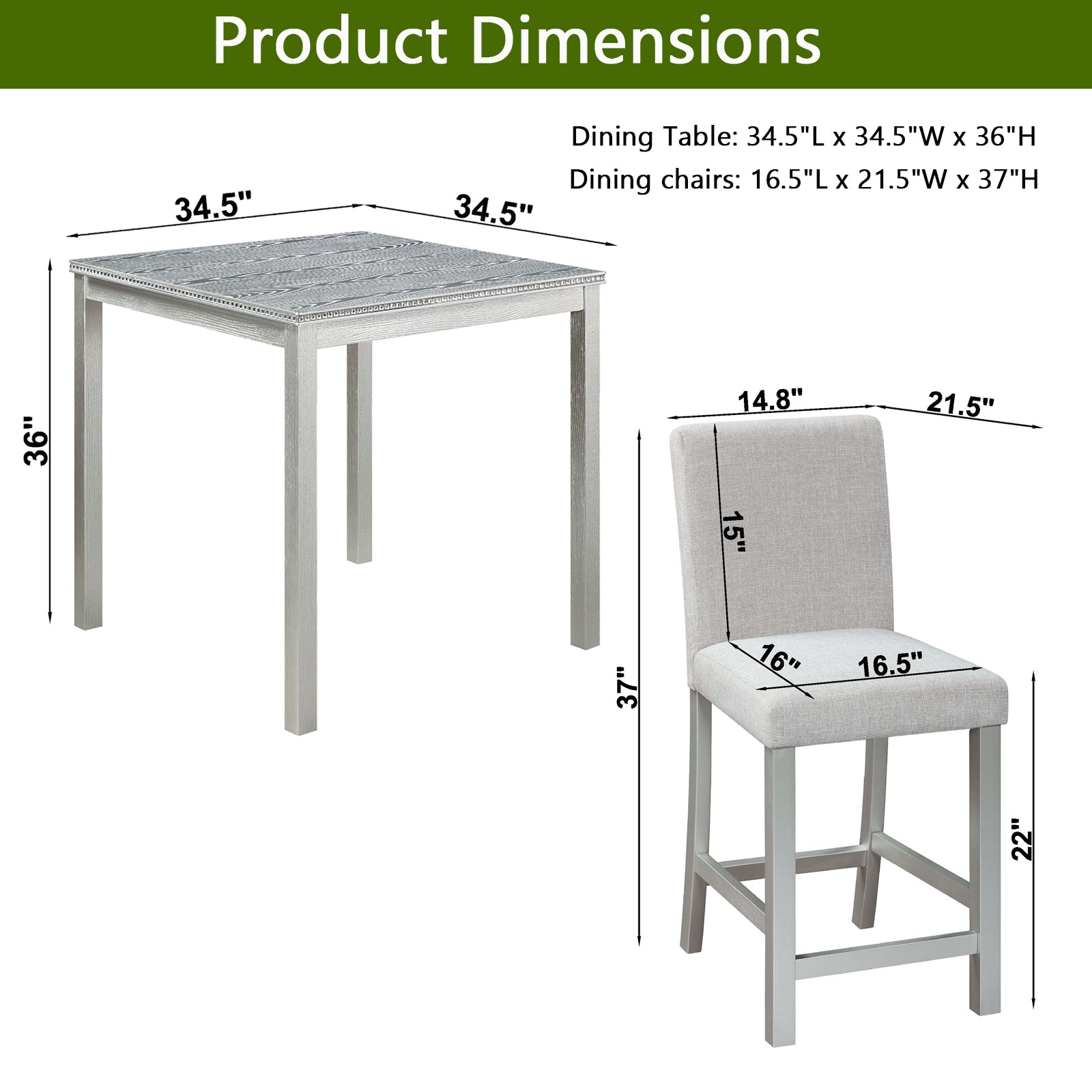 5 Piece Counter Height Table Set, Wooden Kitchen Table Set With Square Table And 4 Upholstered Chairs, Counter Height Dining Table With Crystal Decoration And Chair Set, Silver Grey Beige Silver Gray Seats 4 Dining Room 4 Leg Square Dining Table With