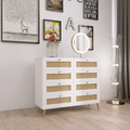 White Color 8 Drawers Chest Of Drawers With Rattan Drawer Face Golden Legs And Handles White White Bedroom Rosewood Wood Rattan