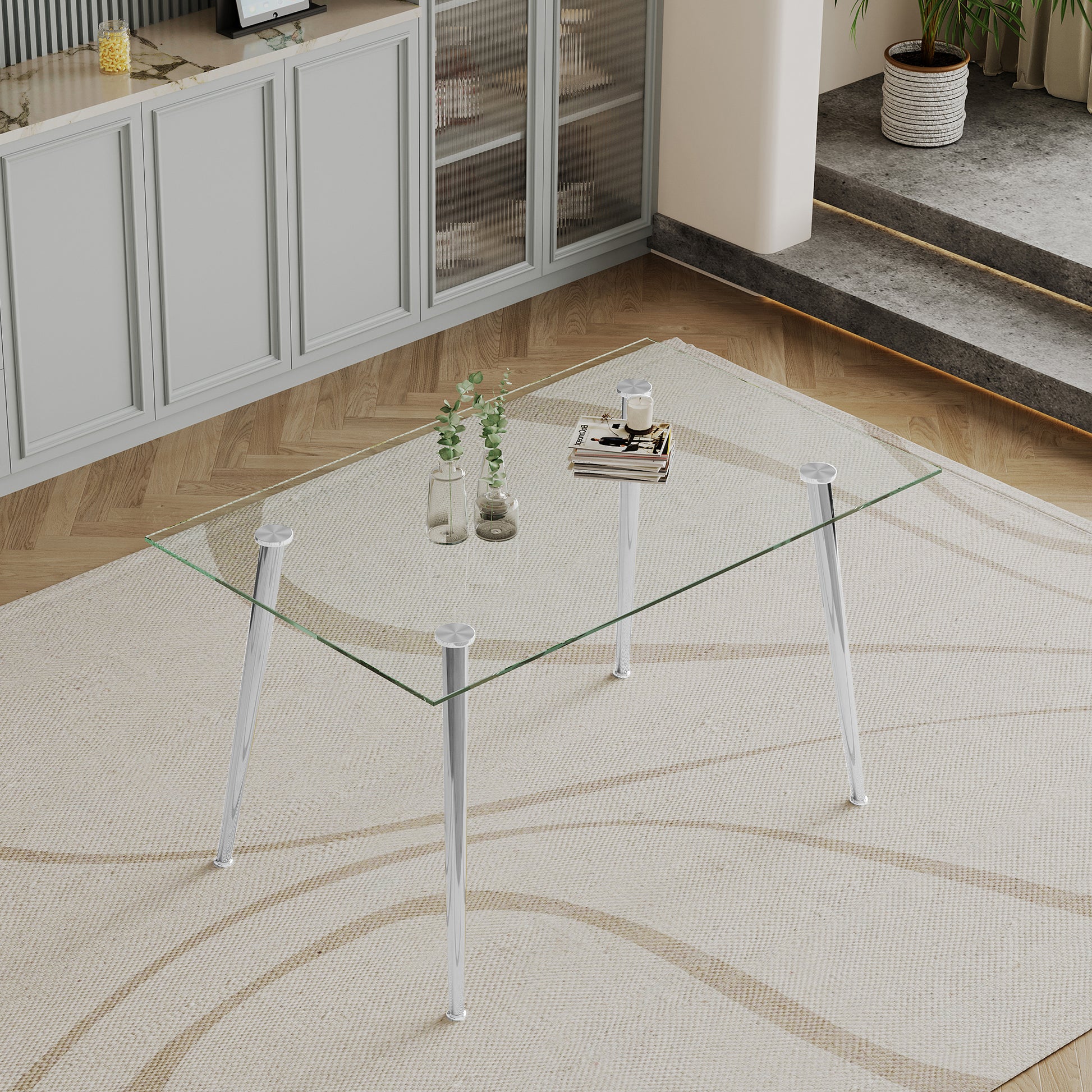 0.32" Thick Tempered Glass Top Dining Table With Silver Stainless Steel Legs Silver Tempered Glass