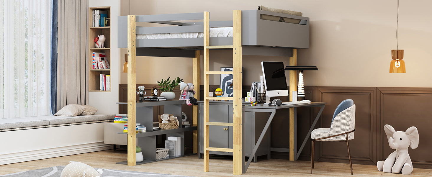 Full Size Wood Loft Bed With Built In Storage Cabinet And Cubes, Foldable Desk, Gray Gray Solid Wood Mdf