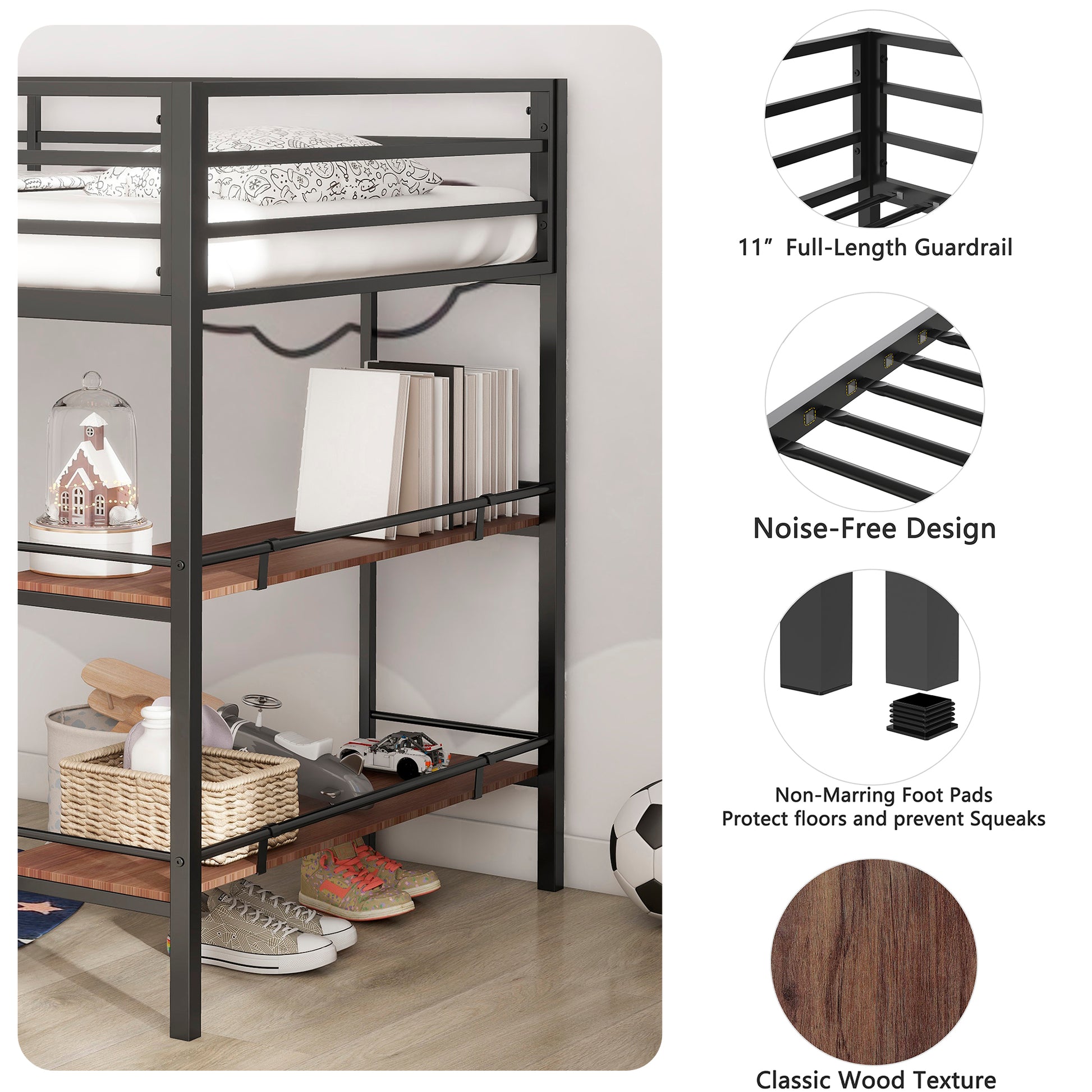 Adam Junior Twin Loft Bunk Black With Cinnamon Wood Shelf Box Spring Not Required Twin Black Metal Bedroom Bunk Metal & Wood