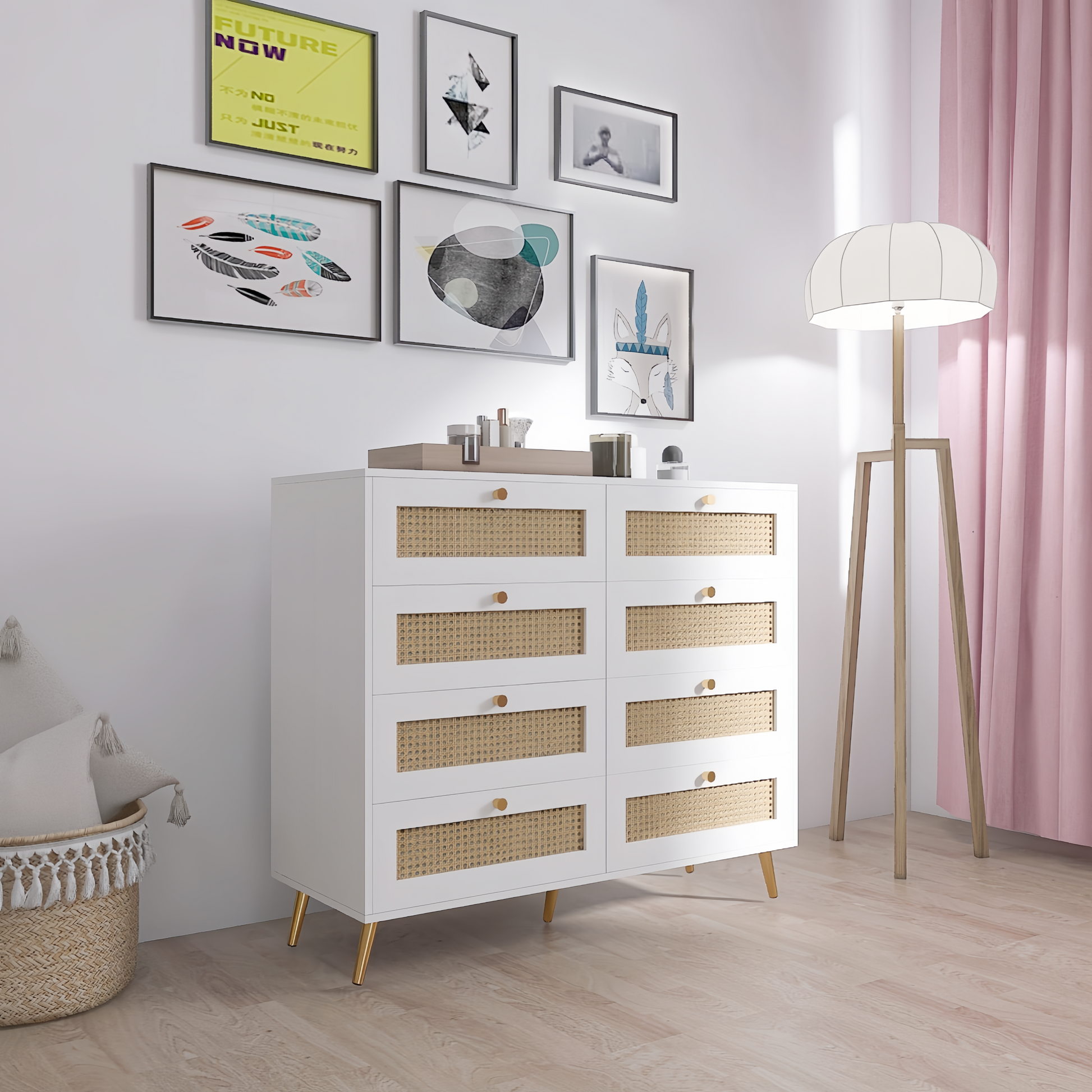 White Color 8 Drawers Chest Of Drawers With Rattan Drawer Face Golden Legs And Handles White White Bedroom Rosewood Wood Rattan