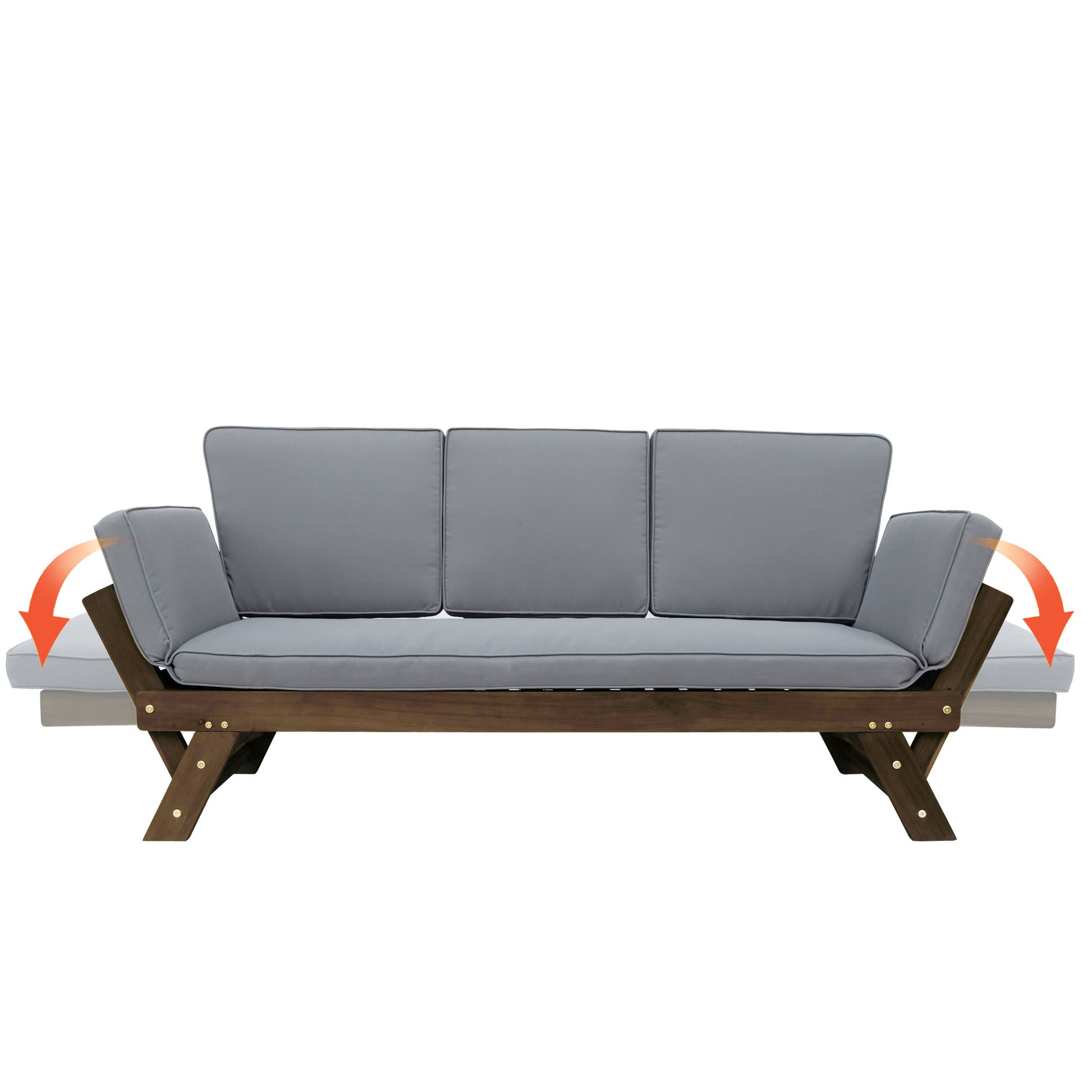 Outdoor Adjustable Patio Wooden Daybed Sofa Chaise Lounge With Cushions For Small Places, Brown Finish Gray Cushion Yes Complete Patio Set Gray Water Resistant Frame Water Resistant Cushion Garden & Outdoor Casual Sofa Seating Groups Foam Solid Wood