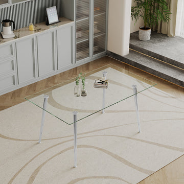 0.32" Thick Tempered Glass Top Dining Table With Silver Stainless Steel Legs Silver Tempered Glass