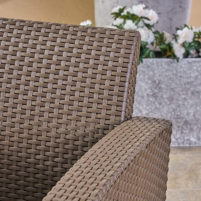 Outdoor Brown Faux Wicker Club Chairs With Mixed Beige Water Resistant Cushions Brown Beige Fabric