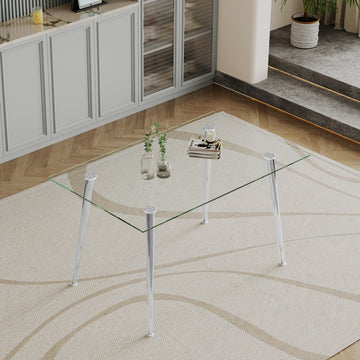 0.32" Thick Tempered Glass Top Dining Table With Silver Stainless Steel Legs Silver Tempered Glass