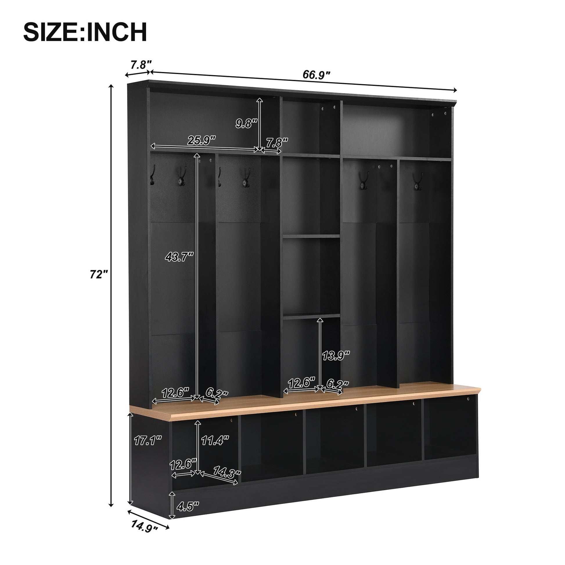 Wide Design Hall Tree With Storage Bench, Minimalist Shoe Cabinet With Cube Storage & Shelves, Multifunctional Coat Rack With 8 Hooks For Entryways, Mudroom, Black High Back Black Primary Living Space Cubby Particle Board