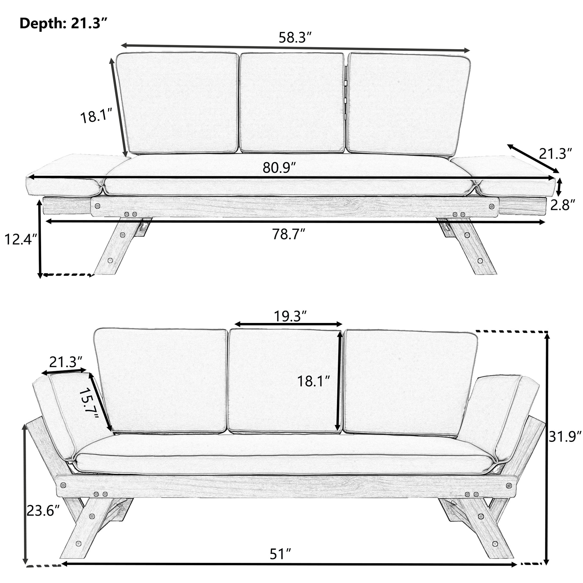 Outdoor Adjustable Patio Wooden Daybed Sofa Chaise Lounge With Cushions For Small Places, Brown Finish Gray Cushion Yes Complete Patio Set Gray Water Resistant Frame Water Resistant Cushion Garden & Outdoor Casual Sofa Seating Groups Foam Solid Wood