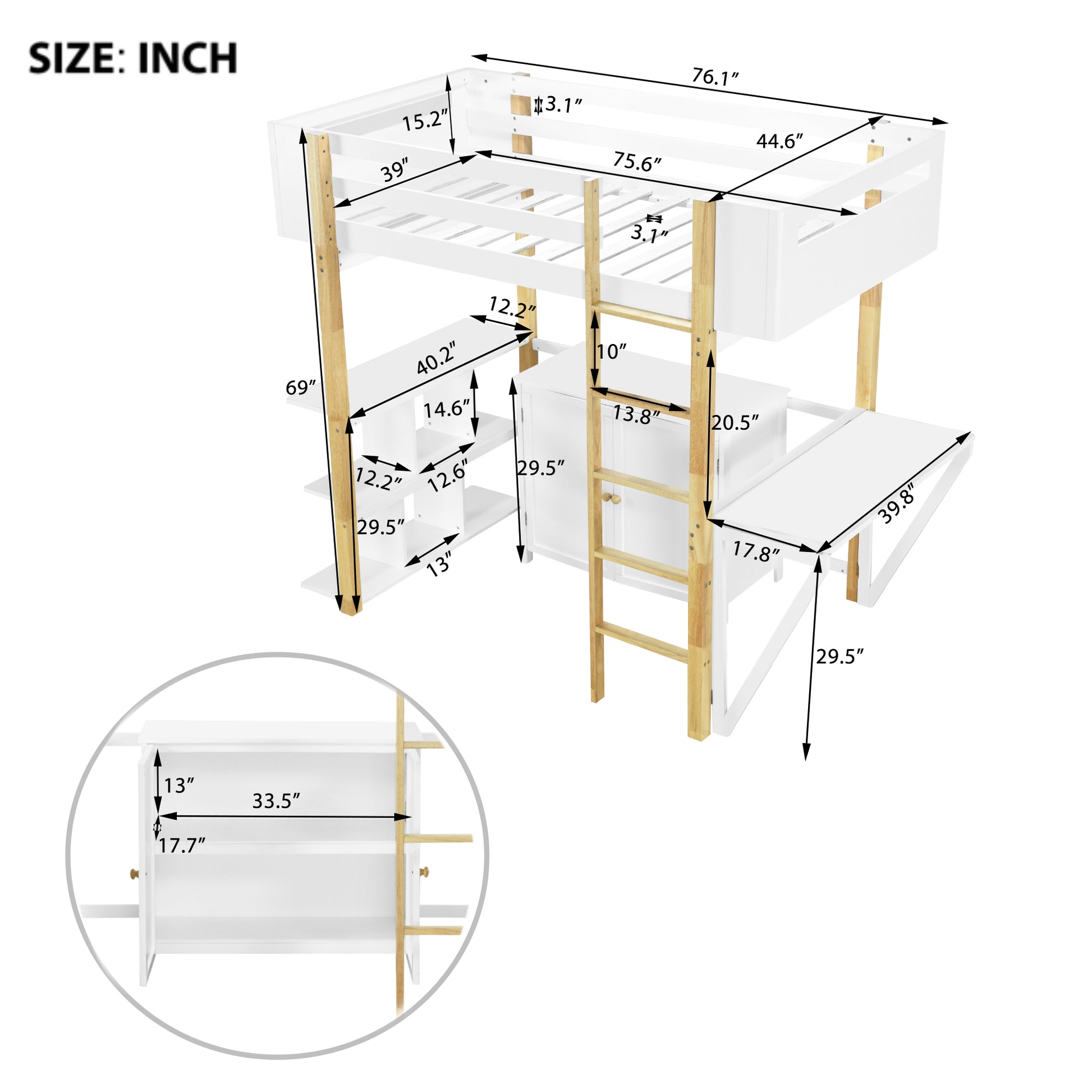 Twin Size Wood Loft Bed With Built In Storage Cabinet And Cubes, Foldable Desk, White White Solid Wood Mdf