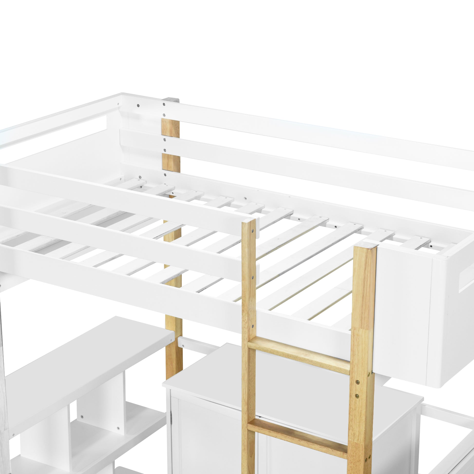 Twin Size Wood Loft Bed With Built In Storage Cabinet And Cubes, Foldable Desk, White White Solid Wood Mdf