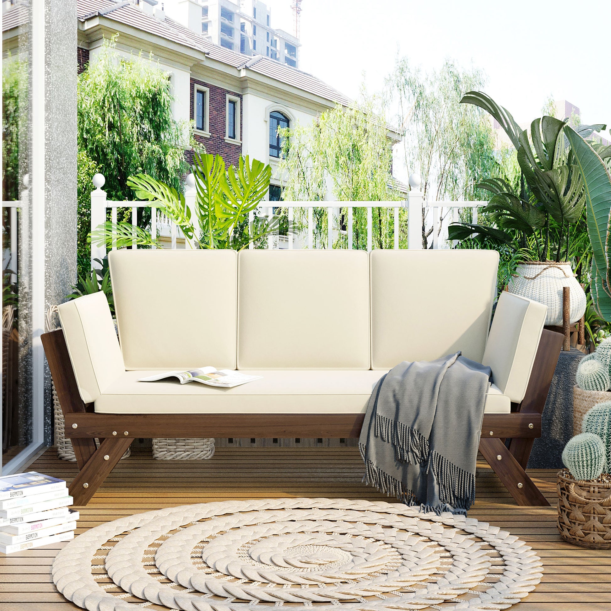 Outdoor Adjustable Patio Wooden Daybed Sofa Chaise Lounge With Cushions For Small Places, Brown Finish Beige Cushion Yes Complete Patio Set Beige Water Resistant Frame Water Resistant Cushion Garden & Outdoor Casual Sofa Seating Groups Foam Solid Wood