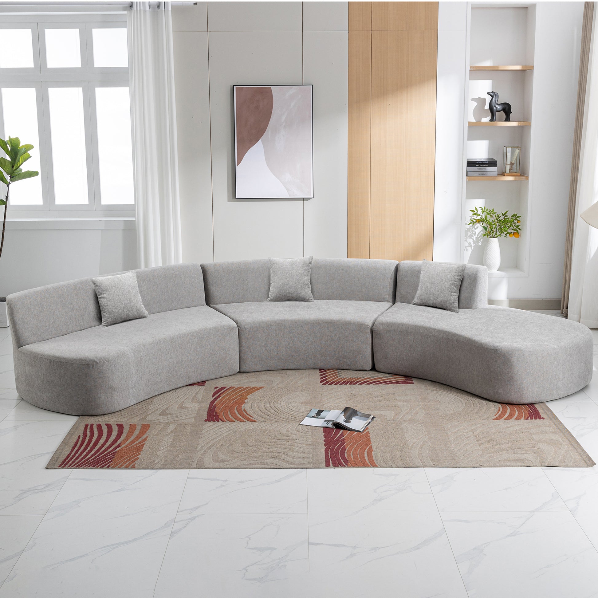 136.6" Stylish Curved Sofa Sectional Sofa Chenille Fabric Sofa Couch With Three Throw Pillows For Living Room, Grey Grey Foam Chenille