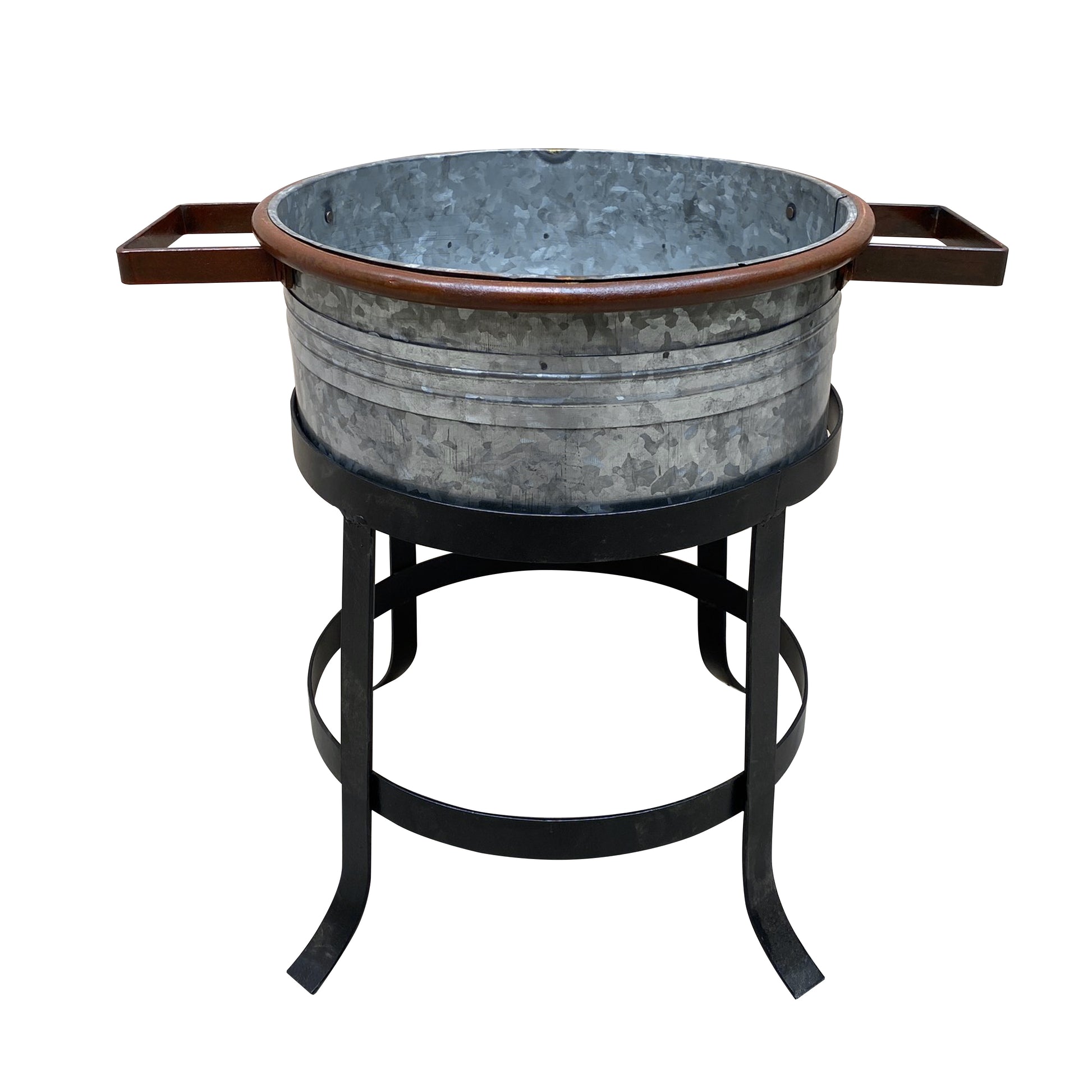 21, 18, And 16 Inch 3 Piece Round Tub Metal Planter Set With Stand In Galvanized Gray And Black Iron Black Gray Iron