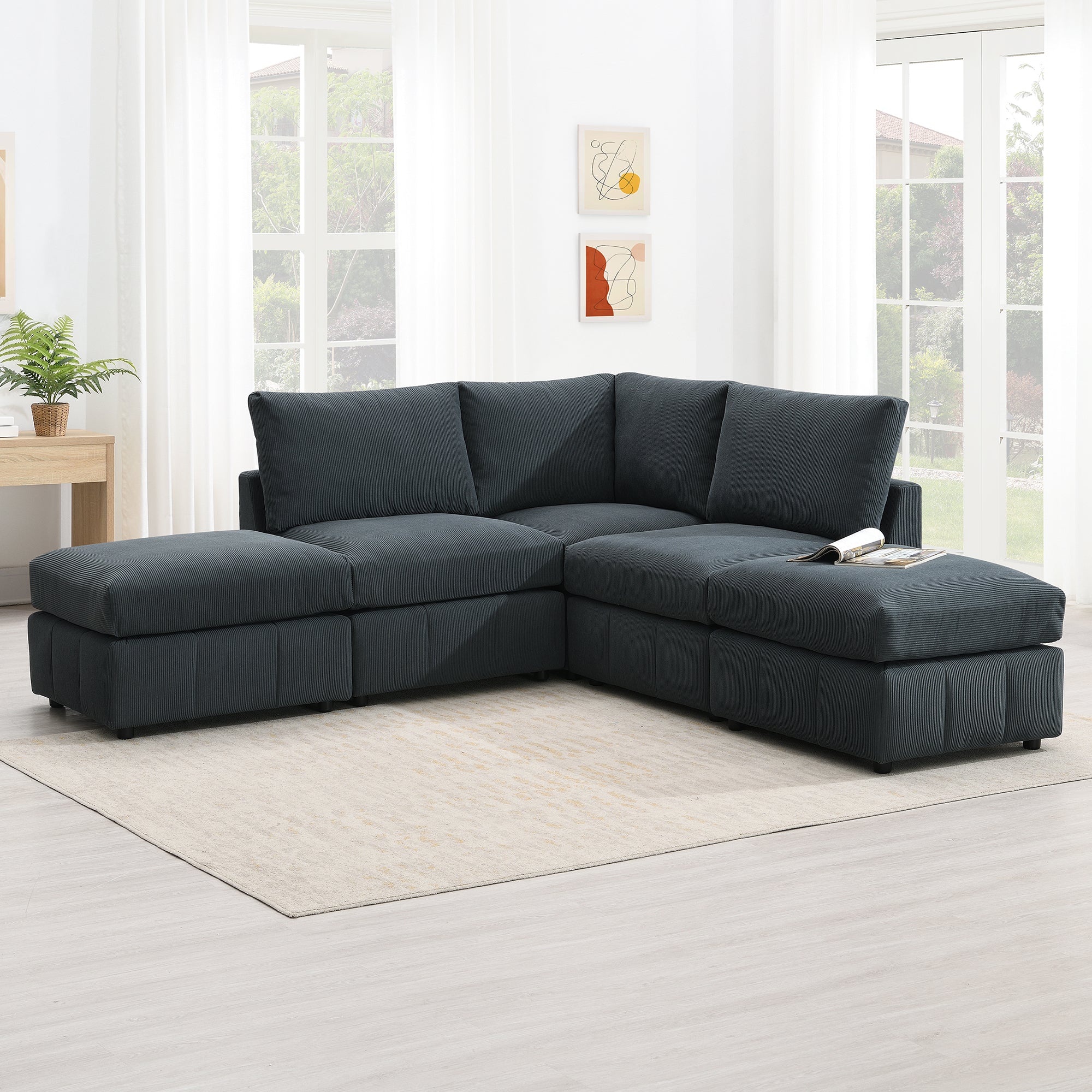 93"Modern Sectional Sofa With Vertical Stripes,5 Seat Armless Couch Set With Convertible Ottomans,Various Combinations,L Shape Indoor Furniture For Living Room,Apartment, 2 Colors Dark Grey Corduroy 5 Seat