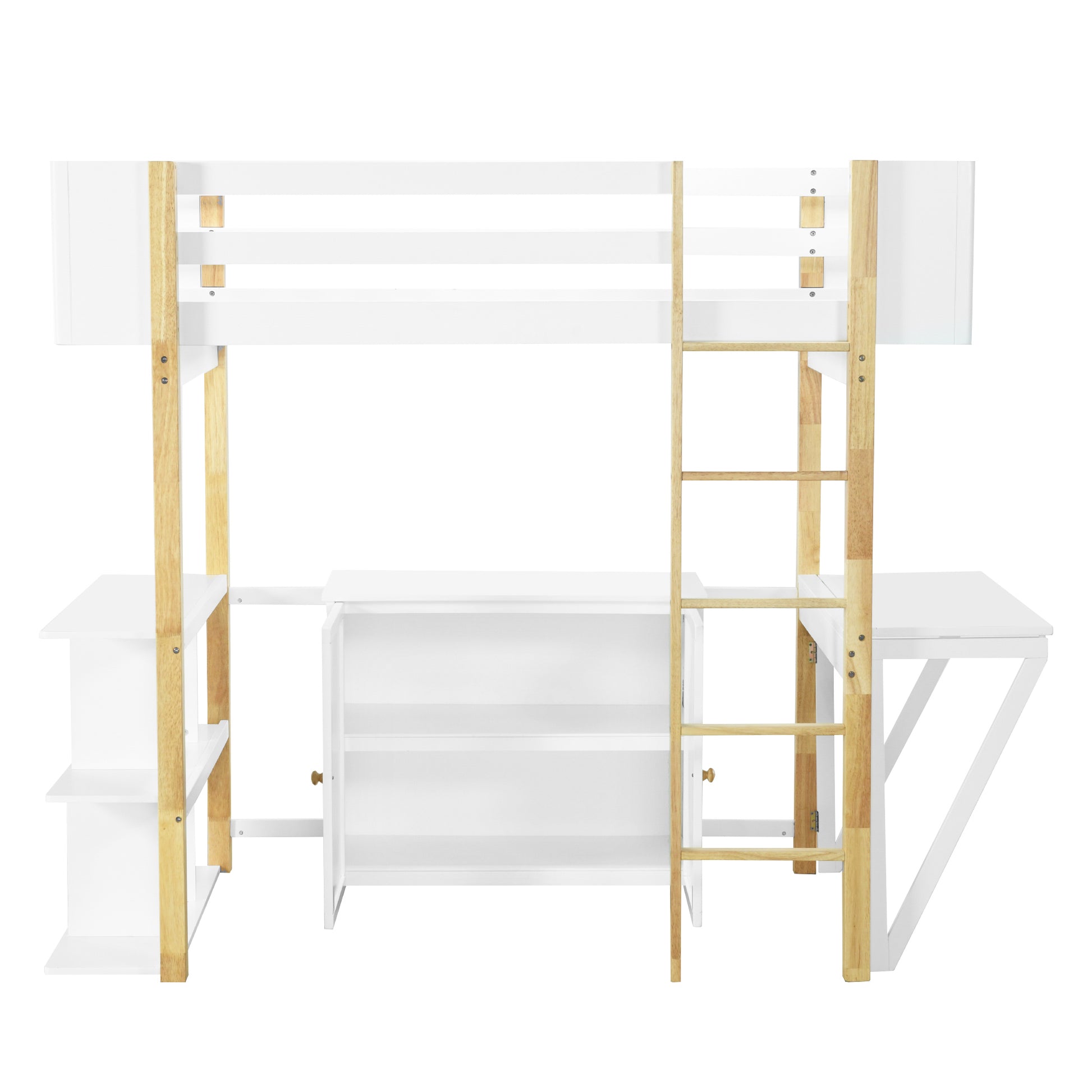 Twin Size Wood Loft Bed With Built In Storage Cabinet And Cubes, Foldable Desk, White White Solid Wood Mdf