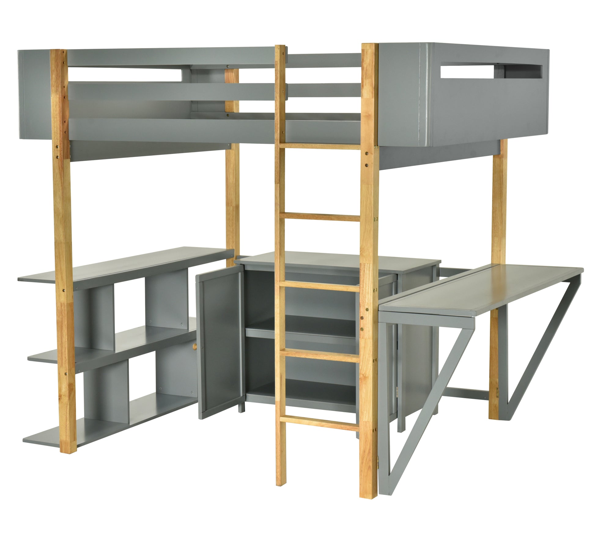 Twin Size Wood Loft Bed With Built In Storage Cabinet And Cubes, Foldable Desk, Gray Gray Solid Wood Mdf