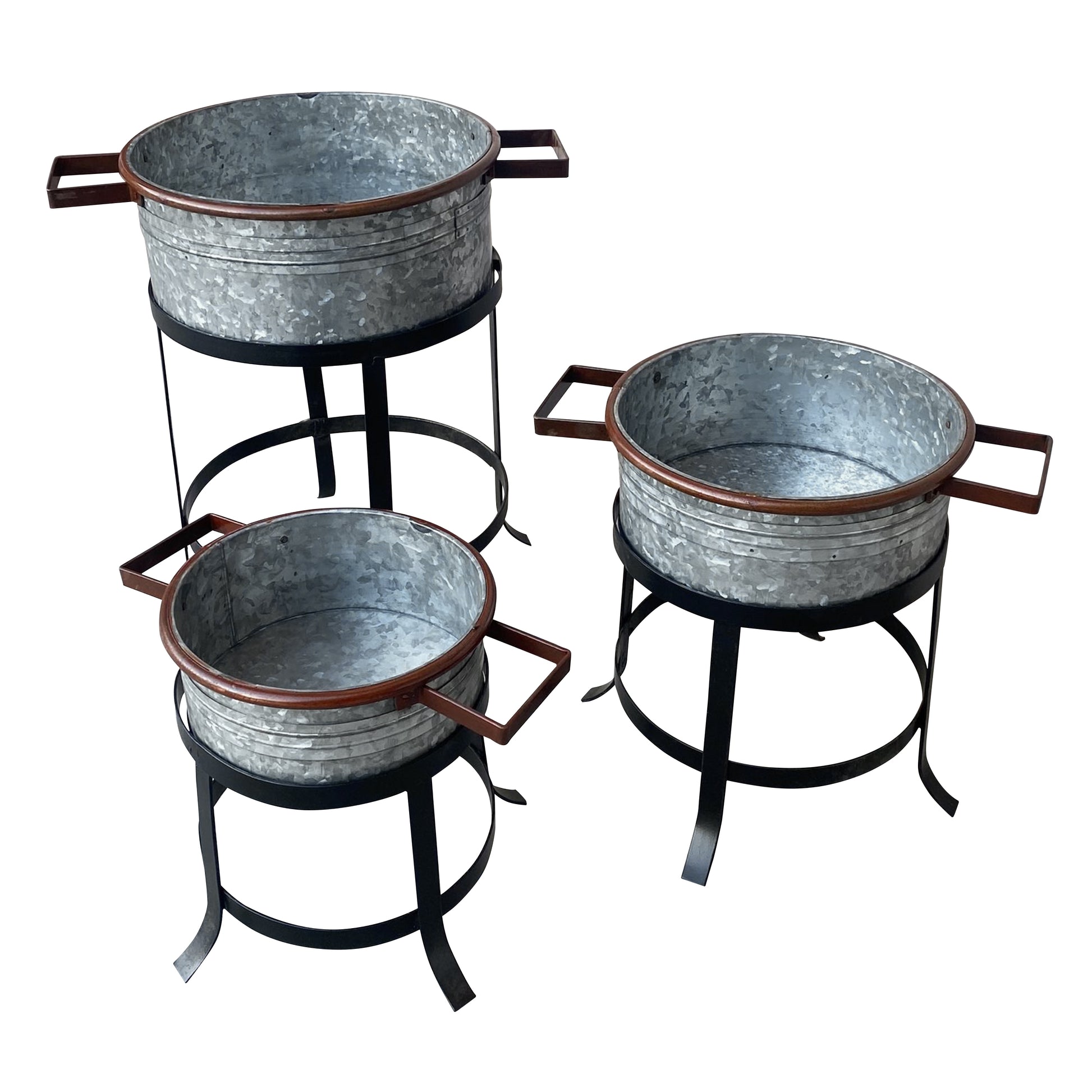 21, 18, And 16 Inch 3 Piece Round Tub Metal Planter Set With Stand In Galvanized Gray And Black Iron Black Gray Iron