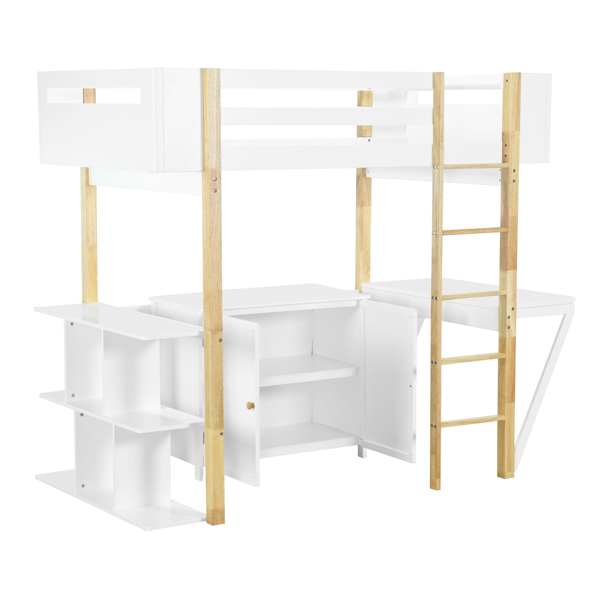 Twin Size Wood Loft Bed With Built In Storage Cabinet And Cubes, Foldable Desk, White White Solid Wood Mdf