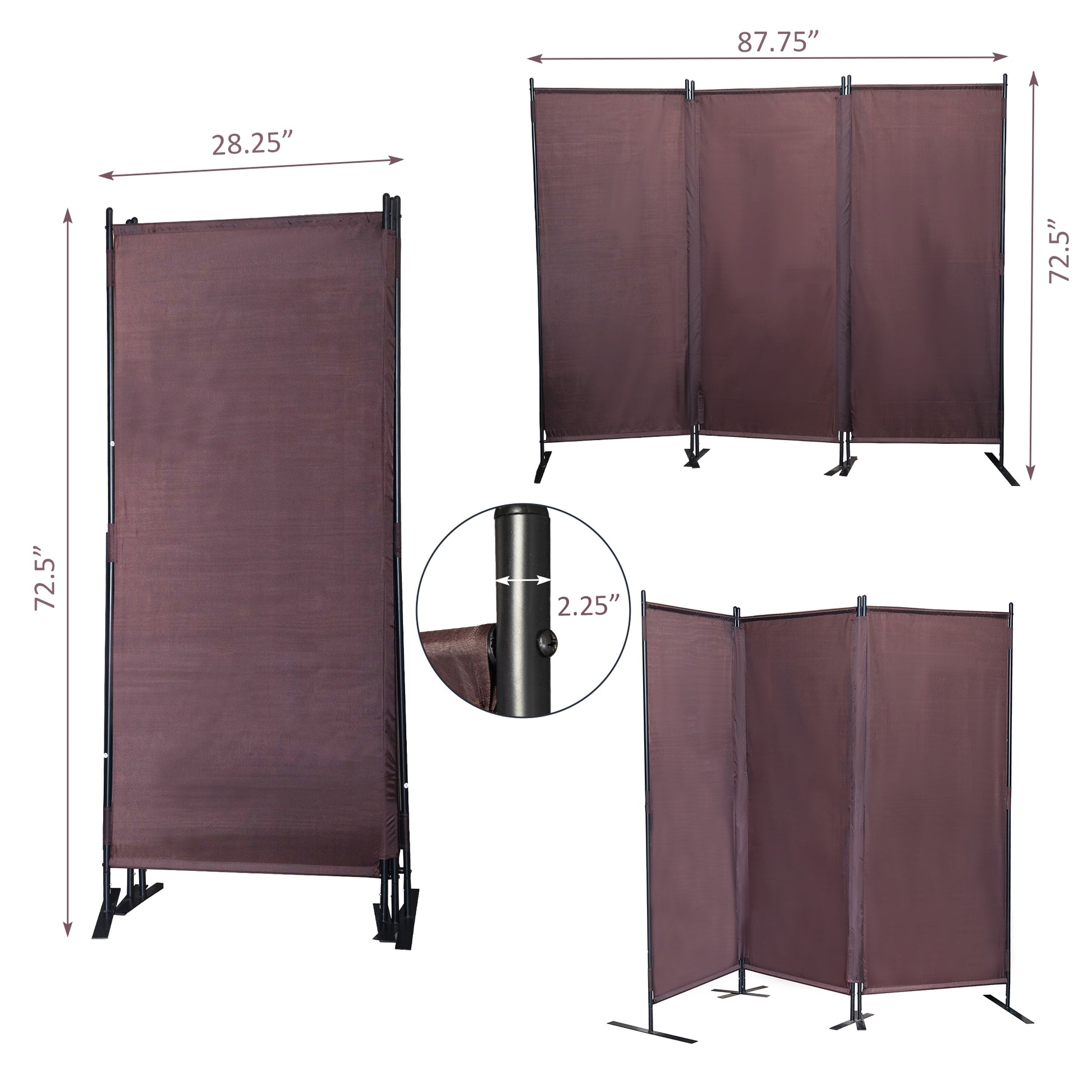 6 Ft Modern Room Divider, 3 Panel Folding Privacy Screen W Metal Standing, Portable Wall Partition, Brown Brown Metal