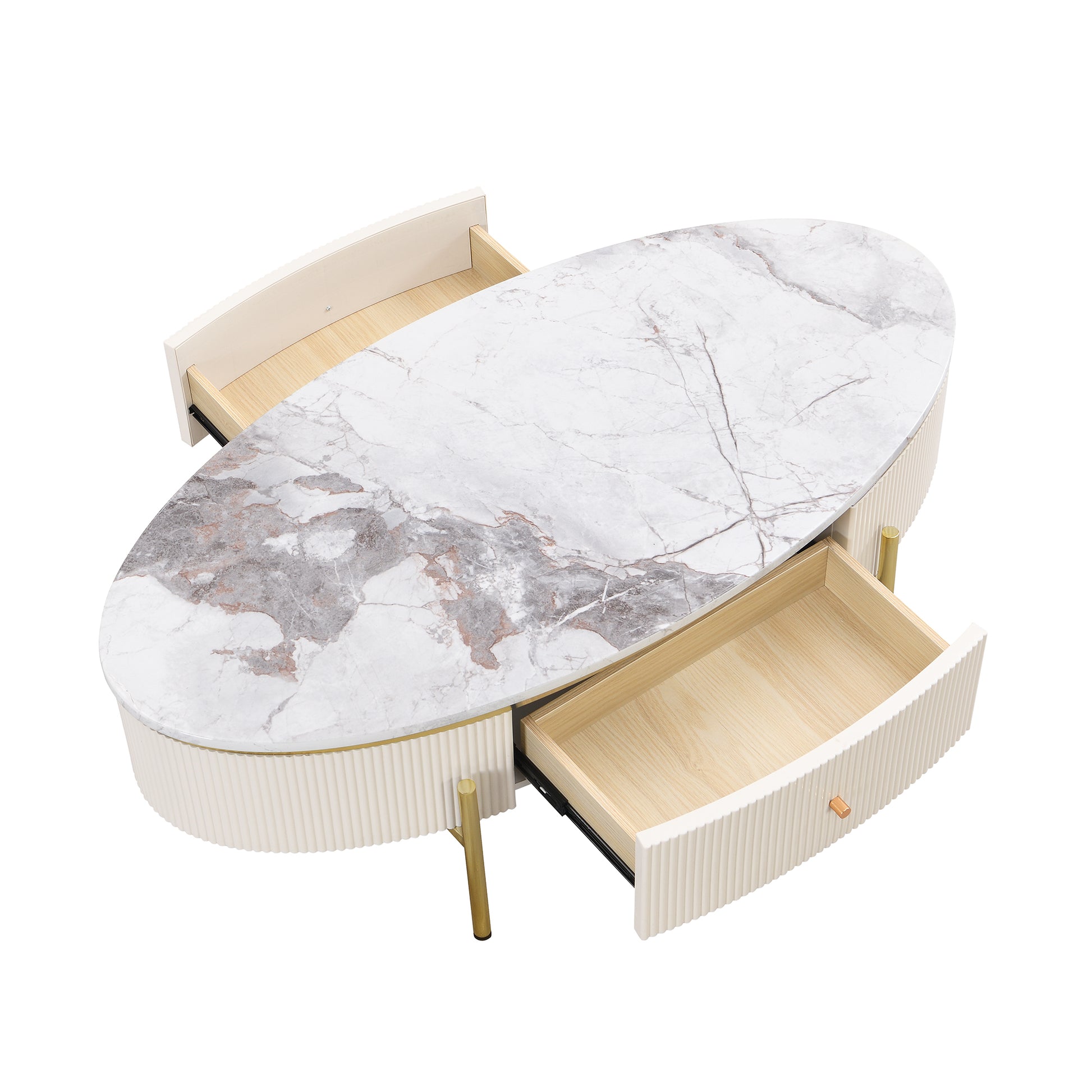 Modern Oval Coffee Table With 2 Large Drawers Storage Accent Table Off White Mdf