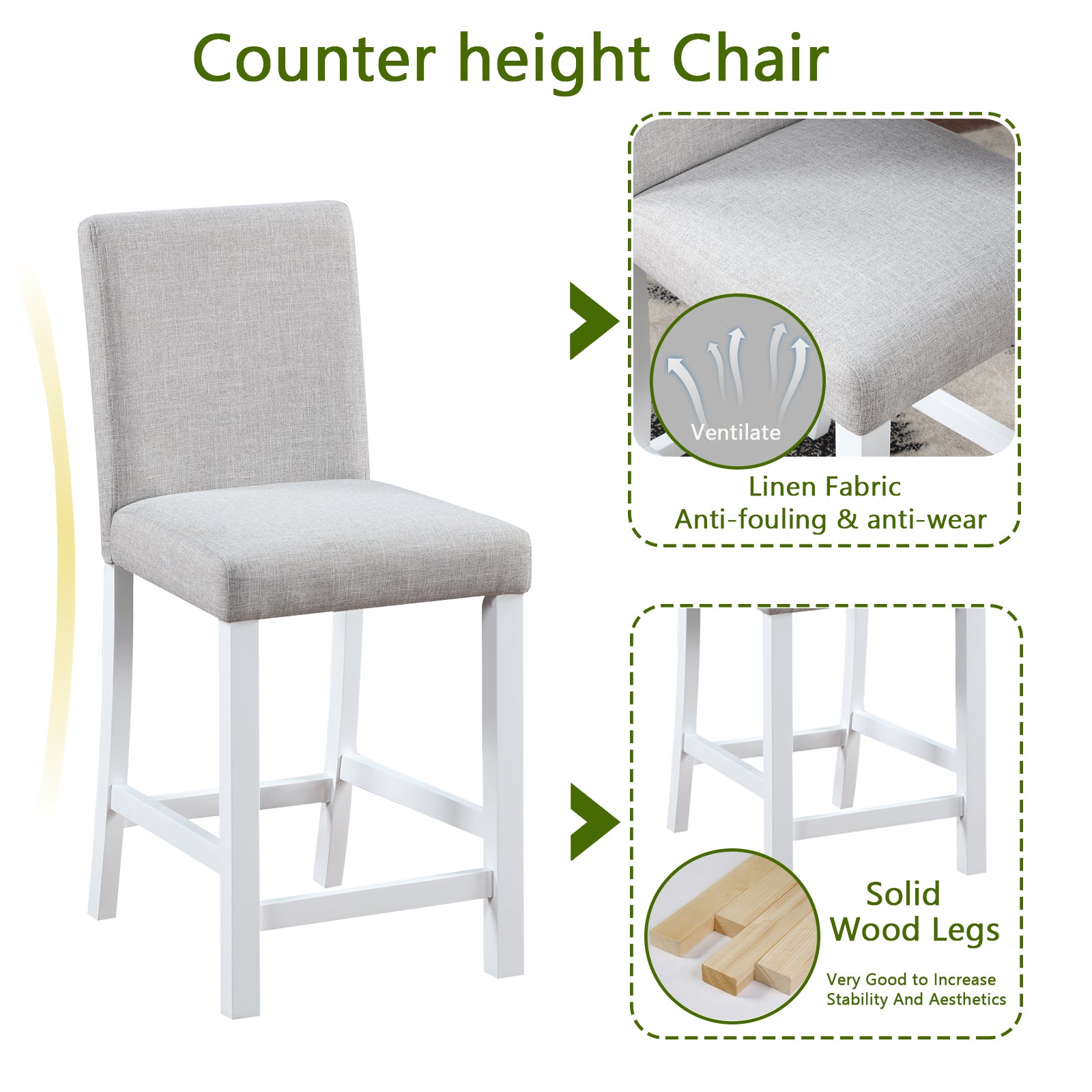 5 Piece Counter Height Table Set, Wooden Kitchen Table Set With Square Table And 4 Upholstered Chairs, Counter Height Dining Table With Crystal Decoration And Chair Set For Kitchen, Dining Room,White Beige White Seats 4 Dining Room 4 Leg Square Dining