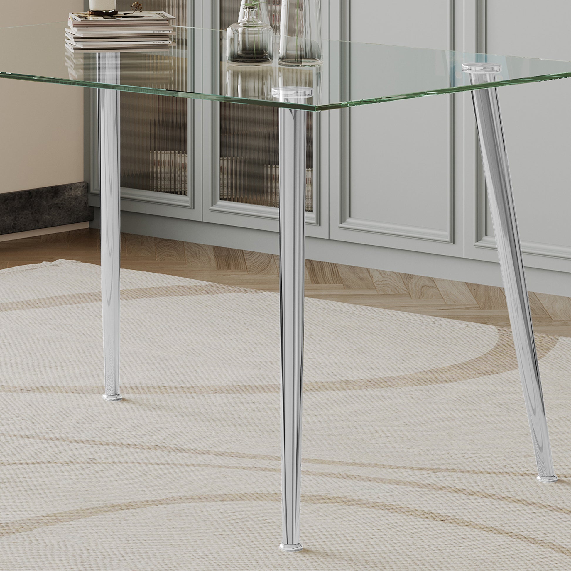 0.32" Thick Tempered Glass Top Dining Table With Silver Stainless Steel Legs Silver Tempered Glass