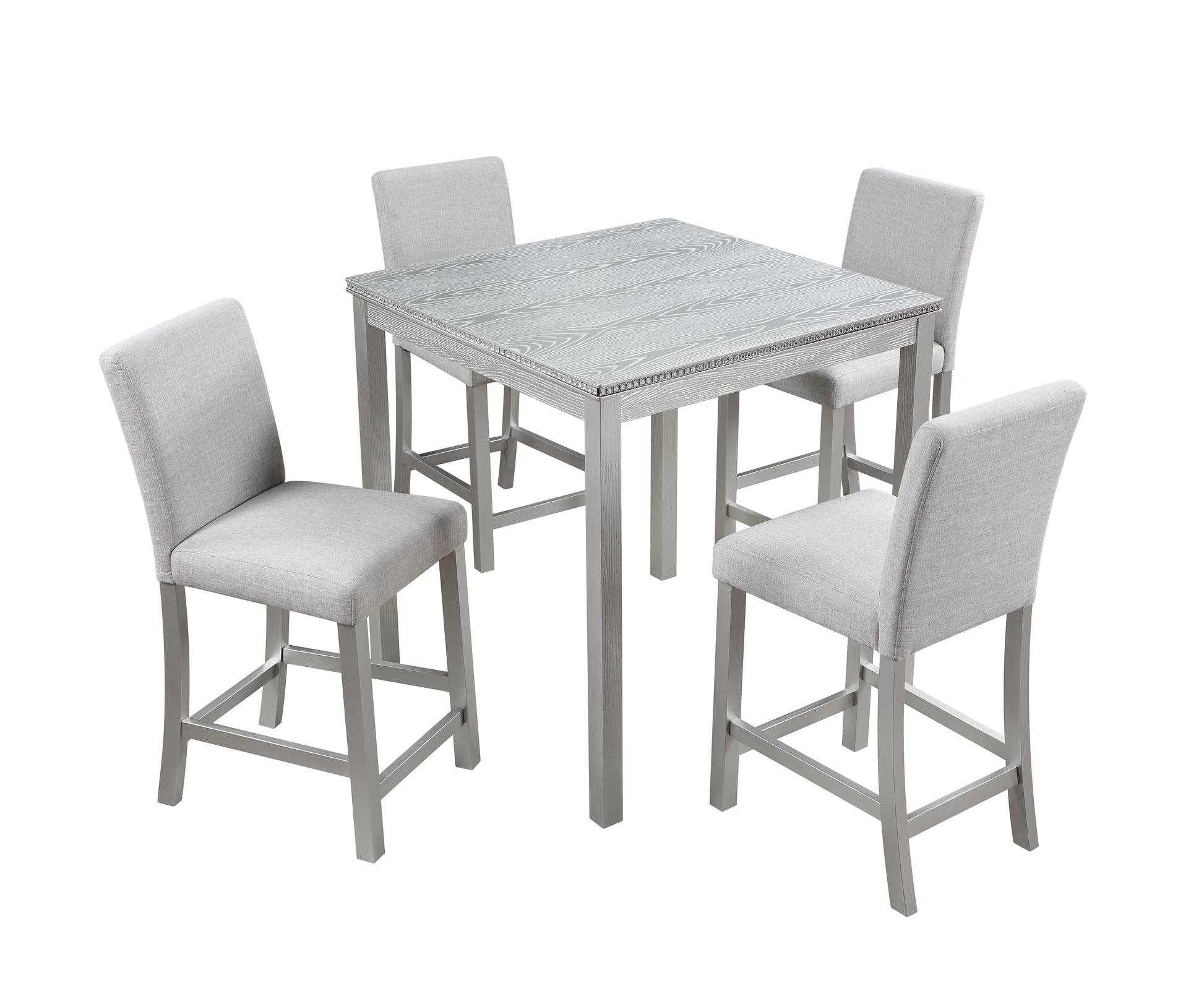 5 Piece Counter Height Table Set, Wooden Kitchen Table Set With Square Table And 4 Upholstered Chairs, Counter Height Dining Table With Crystal Decoration And Chair Set, Silver Grey Beige Silver Gray Seats 4 Dining Room 4 Leg Square Dining Table With