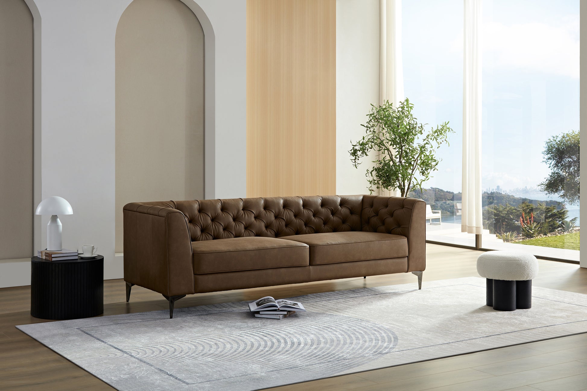 Wks5B Brown Leather Sofa With Iron Feet, Retro Design Brown Leather 3 Seat