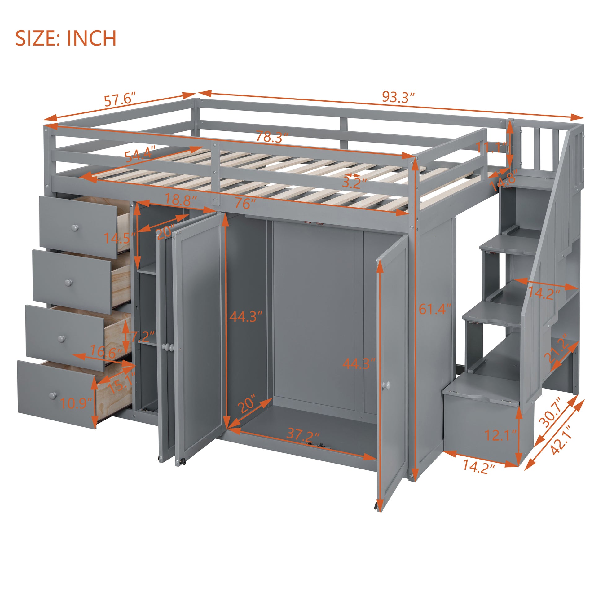 Full Size Wood Loft Bed With Built In Wardrobes, Cabinets And Drawers, Gray Gray Solid Wood Mdf