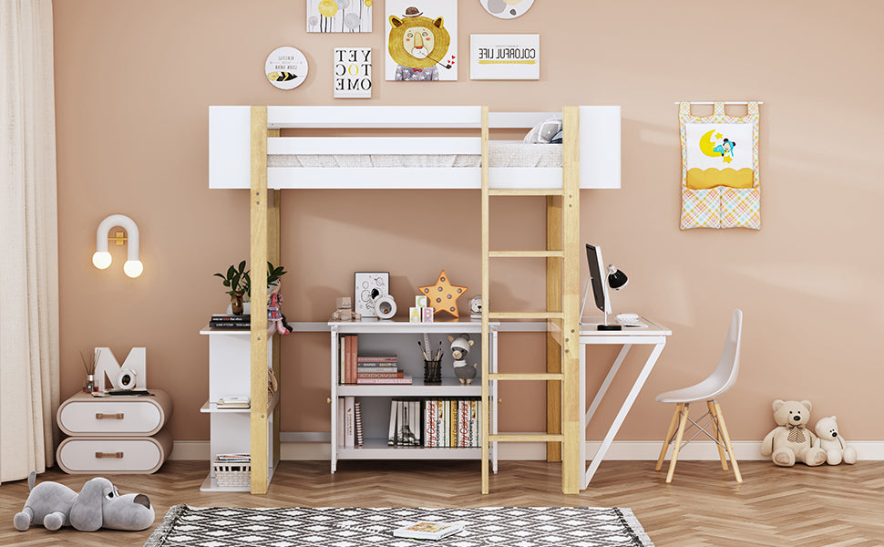 Twin Size Wood Loft Bed With Built In Storage Cabinet And Cubes, Foldable Desk, White White Solid Wood Mdf