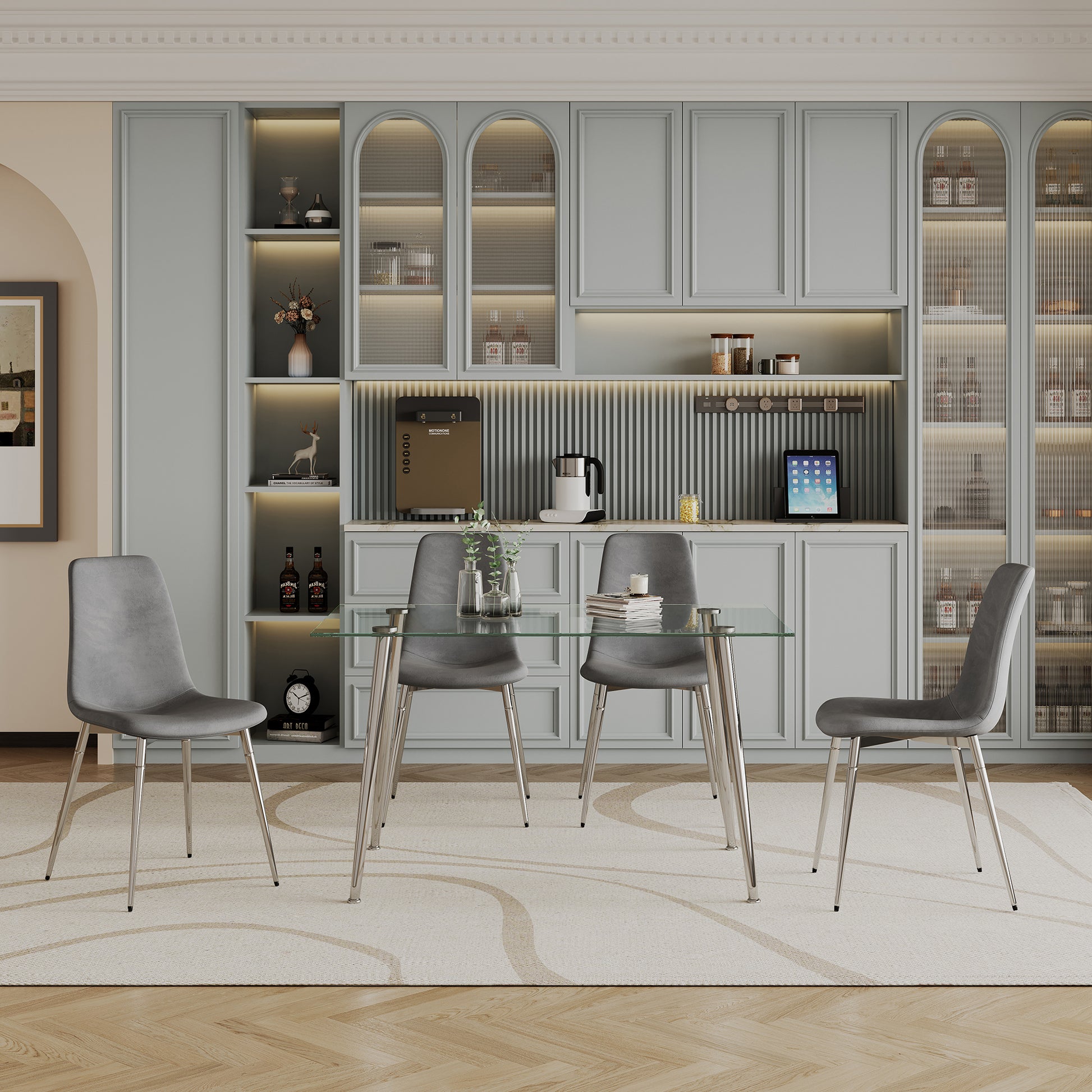 Dining Table Set Of 5, 0.32" Thick Tempered Glass Top Dining Table With Metal Legs And Four Fabric Dining Chairs, Table Size: 51.18" L X 31.50" W X 29.53" H Silver Tempered Glass