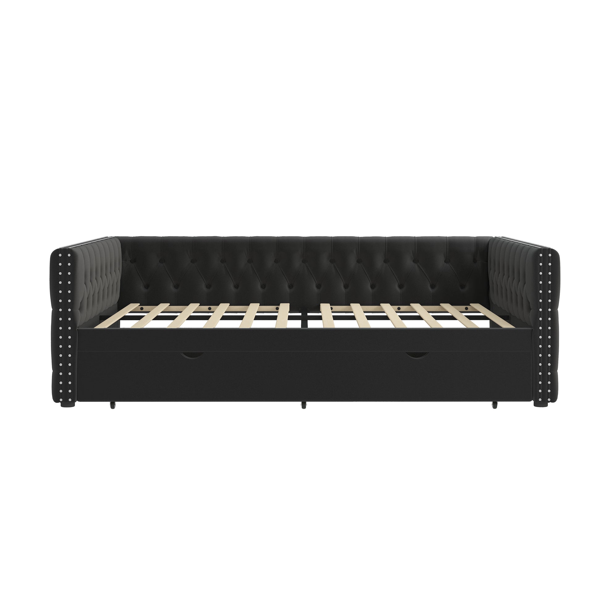 Daybed With Trundle Velvet Upholstered Tufted Sofa Bed, With Button And Copper Nail Onsquare Arms,Full Daybed & Twin Trundle For Bedroom, Living Room, Guest Room, 83"X57"X26" Full Black Velvet