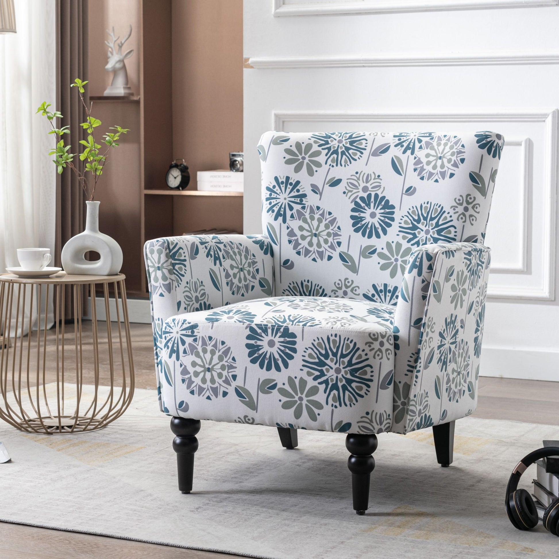 Armchair Modern Accent Sofa With Linen Surface,Leisure Chair With Solid Wood Feet For Living Room Bedroom Studio,White Blue White Line Primary Living Space Modern Upholstered Linen