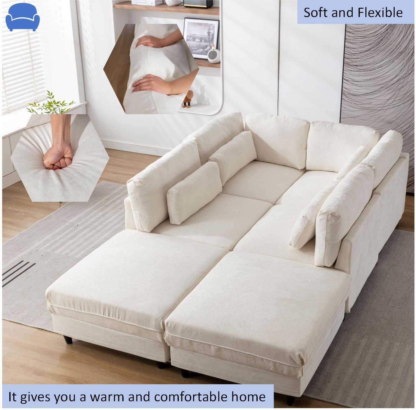 Oversized Modular Sectional Fabric Sofa Set With Waist Pillows, Extra Large U Shaped Couch With Reversible Chaise, 145 Inch Long, 6 Seat Modular Sofa With Ottamans Beige Light Brown Polyester Wood Primary Living Space Medium Soft Cushion Back Modern