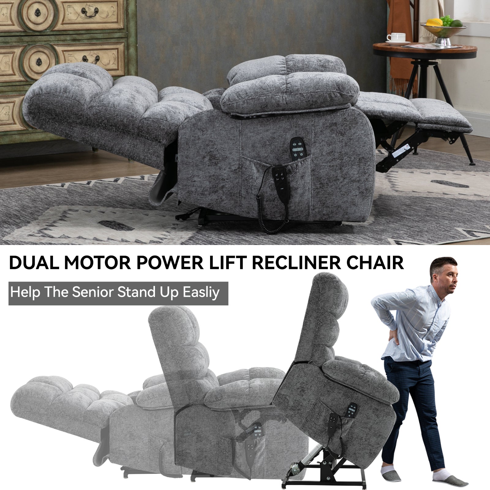 Lift Recliner Chair Heat Massage Dual Motor Infinite Position Up To 350 Lbs Large Electric Power Lift Recliners With Power Remote, Medium Firm And Heavy Duty, Grey White Metal Primary Living Space Heavy Duty Pine Grey Chenille Power Remote Medium Firm