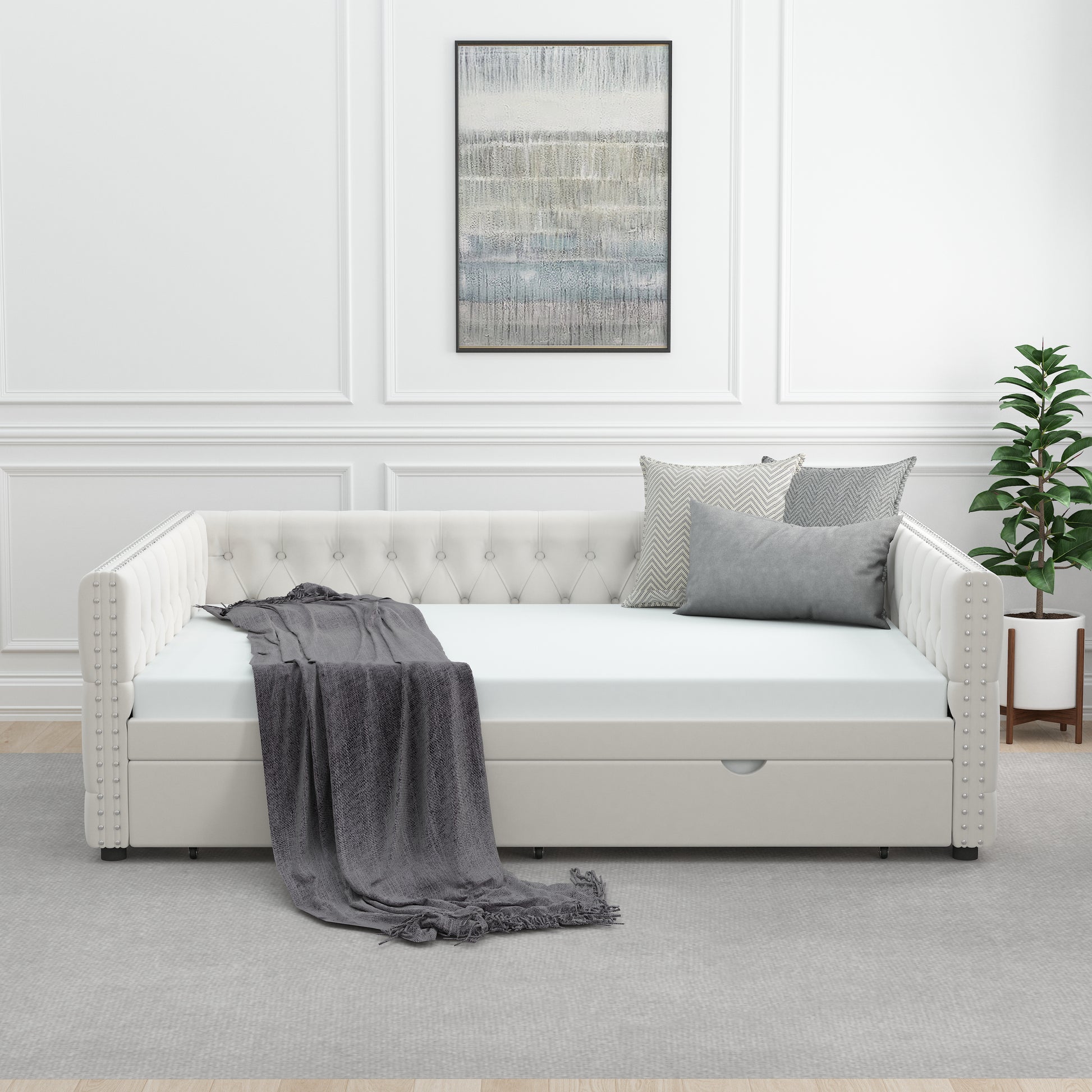 Daybed With Trundle Velvet Upholstered Tufted Sofa Bed, With Button And Copper Nail Onsquare Arms,Full Daybed & Twin Trundle For Bedroom, Living Room, Guest Room, 83"X57"X26" Full Beige Velvet