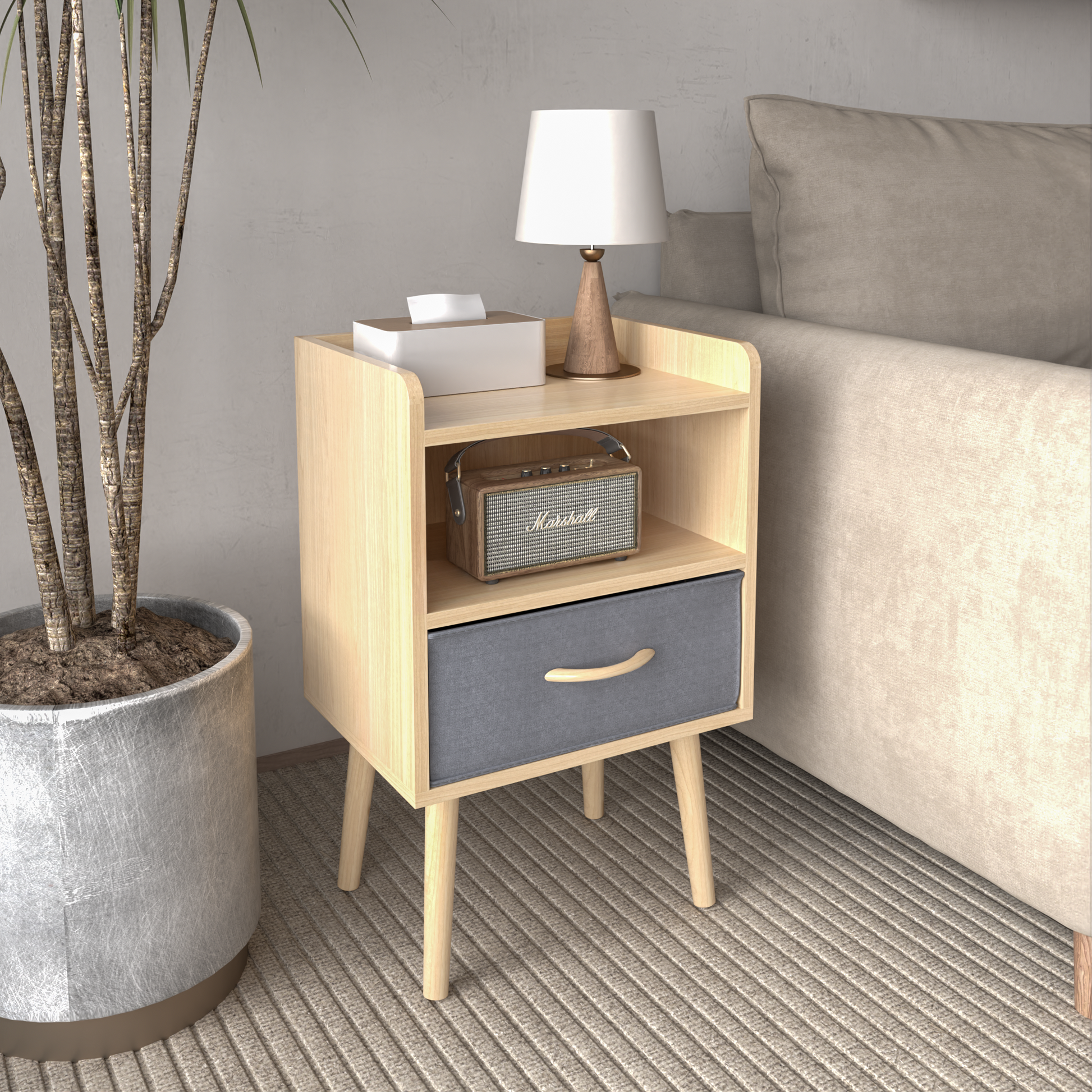 Nightstand With Collapsible Fabric Drawer, 2 Tier Storage End Table, Wood Side Table With Storage Cabinet Or Kids, Adults Oak Oak Engineered Wood