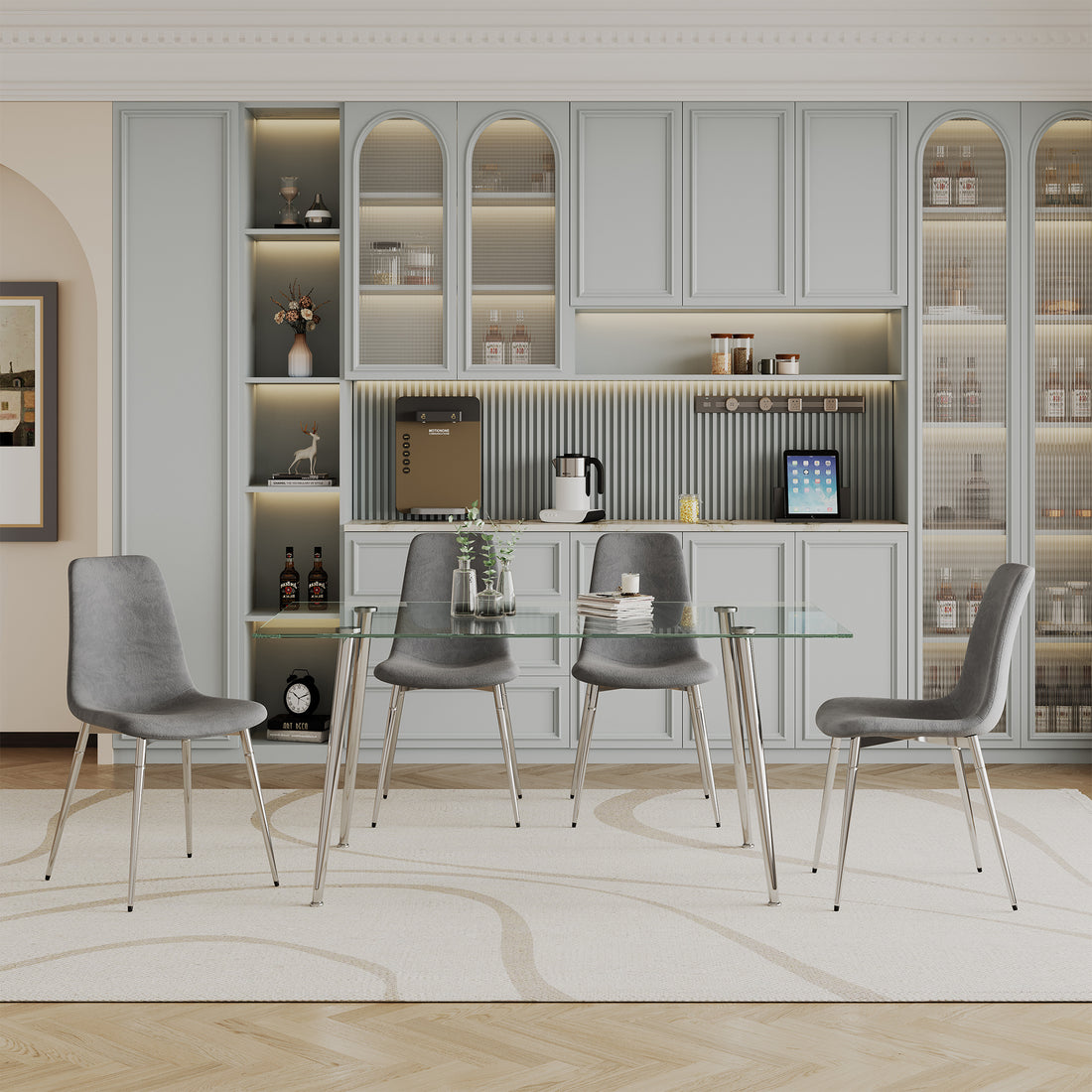 Dining Table Set Of 5, 0.32" Thick Tempered Glass Top Dining Table With Metal Legs And Four Fabric Dining Chairs, Table Size: 62.99" L X 35.43" W X 29.92" H Silver Tempered Glass