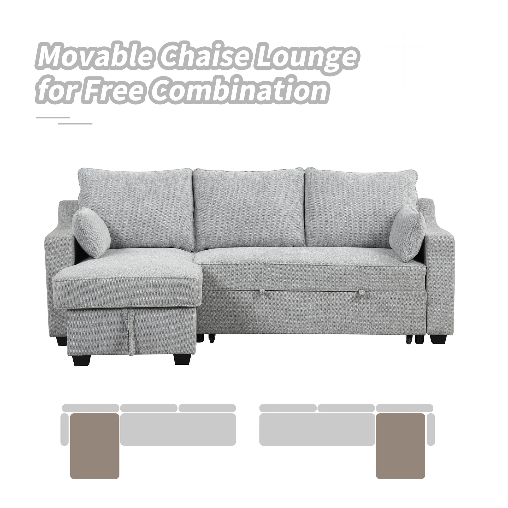 90" Pull Out Sleeper Sofa L Shaped Couch Convertible Sofa Bed With Storage Chaise, Storage Racks And Usb Ports, Light Grey Light Grey Foam Polyester 3 Seat