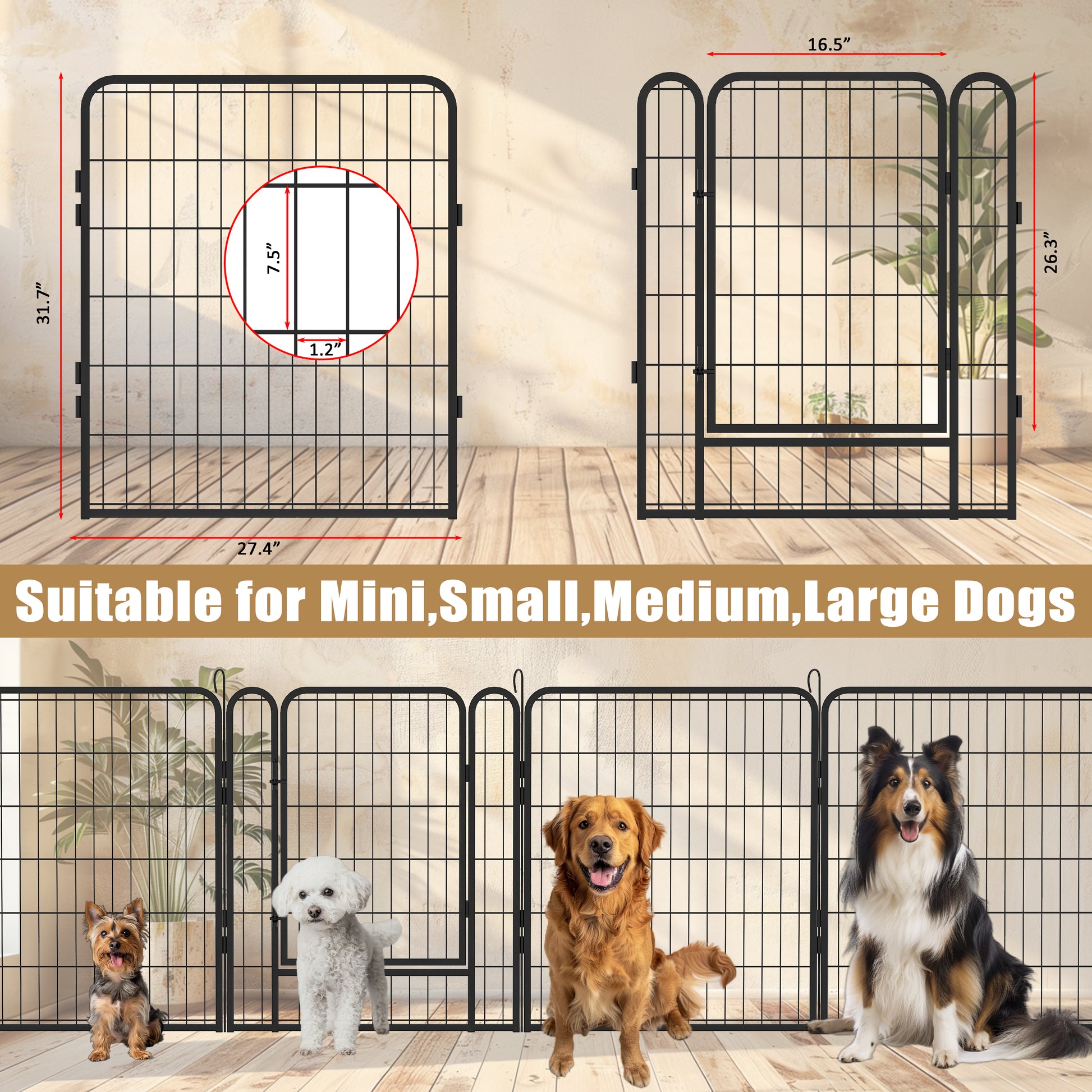 6 Panels Heavy Duty Metal Playpen With Door,31.7"H Dog Fence Pet Exercise Pen For Outdoor, Indoor Black Metal