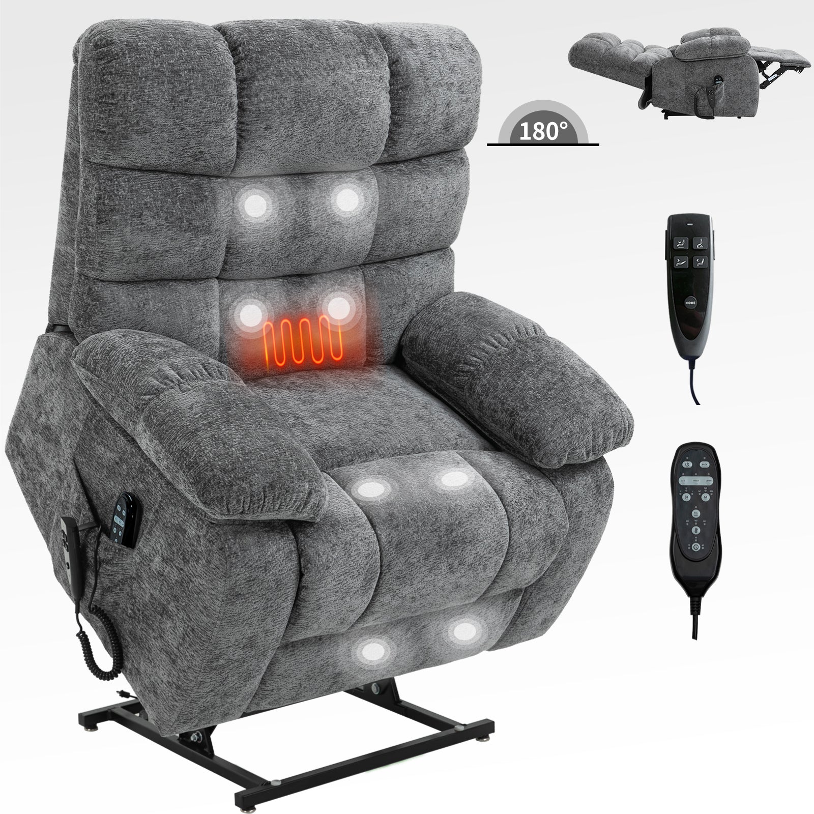 Lift Recliner Chair Heat Massage Dual Motor Infinite Position Up To 350 Lbs Large Electric Power Lift Recliners With Power Remote, Medium Firm And Heavy Duty, Grey White Metal Primary Living Space Heavy Duty Pine Grey Chenille Power Remote Medium Firm