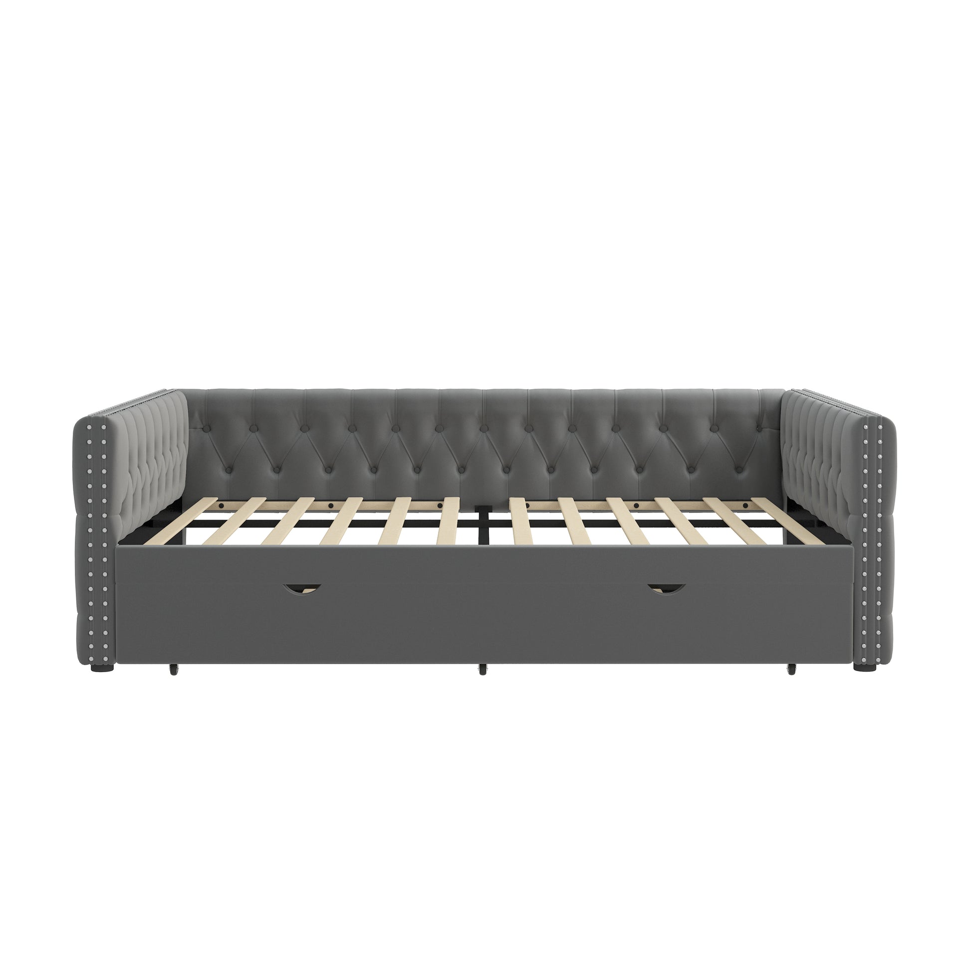 Daybed With Trundle Velvet Upholstered Tufted Sofa Bed, With Button And Copper Nail Onsquare Arms,Full Daybed & Twin Trundle For Bedroom, Living Room, Guest Room, 83"X57"X26" Full Grey Velvet