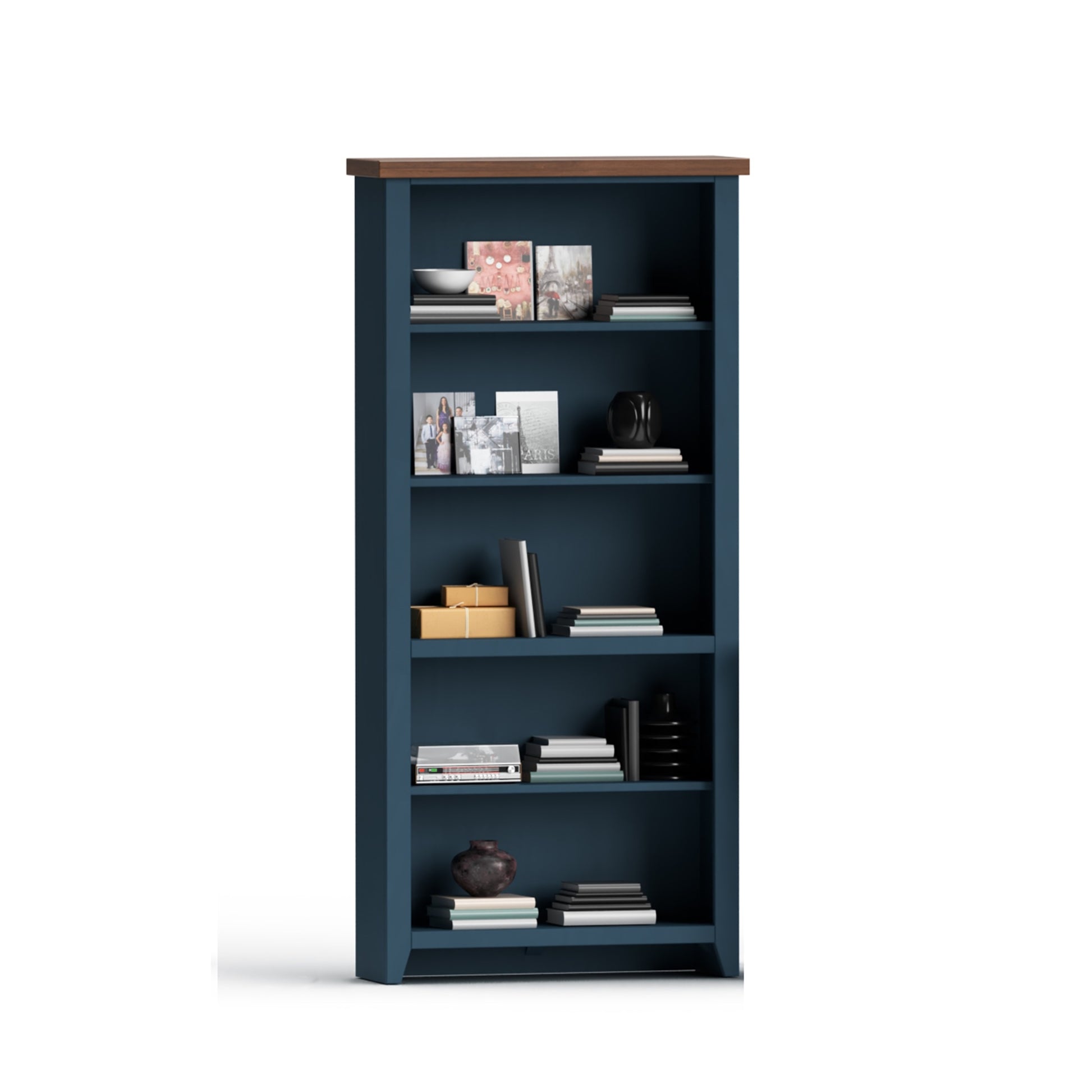 Nantucket 72 Inch High 5 Shelf Bookcase, No Assembly Required, Blue Denim And Whiskey Finish 5 Blue Standard Horizontal Office Closed Back Wood Coastal,Farmhouse Poplar Wood