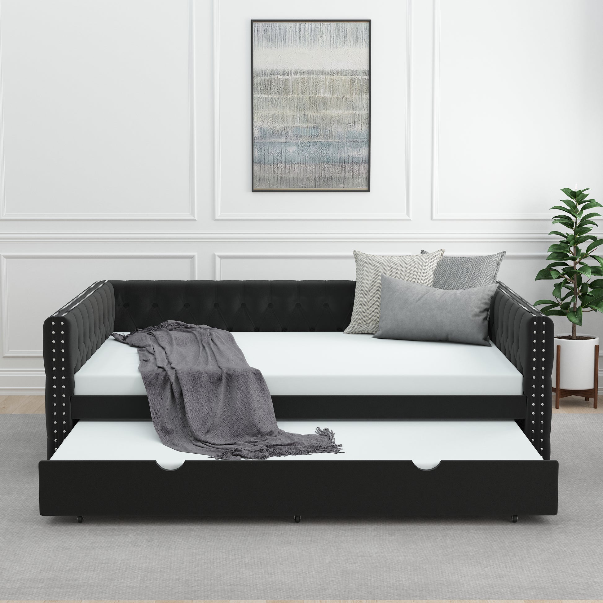 Daybed With Trundle Velvet Upholstered Tufted Sofa Bed, With Button And Copper Nail Onsquare Arms,Full Daybed & Twin Trundle For Bedroom, Living Room, Guest Room, 83"X57"X26" Full Black Velvet