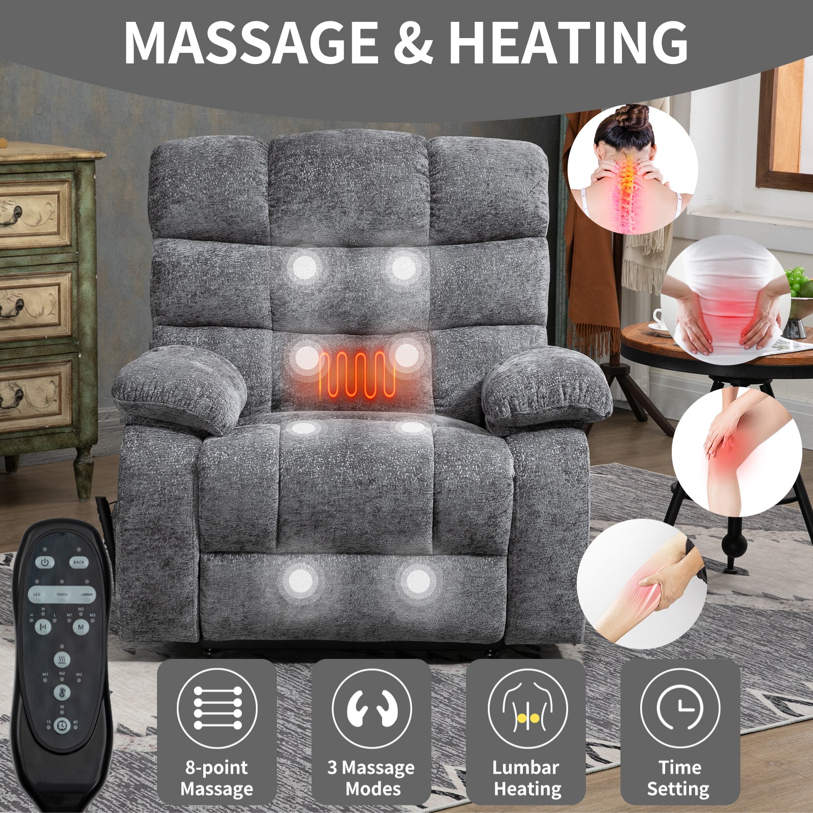 Lift Recliner Chair Heat Massage Dual Motor Infinite Position Up To 350 Lbs Large Electric Power Lift Recliners With Power Remote, Medium Firm And Heavy Duty, Grey White Metal Primary Living Space Heavy Duty Pine Grey Chenille Power Remote Medium Firm