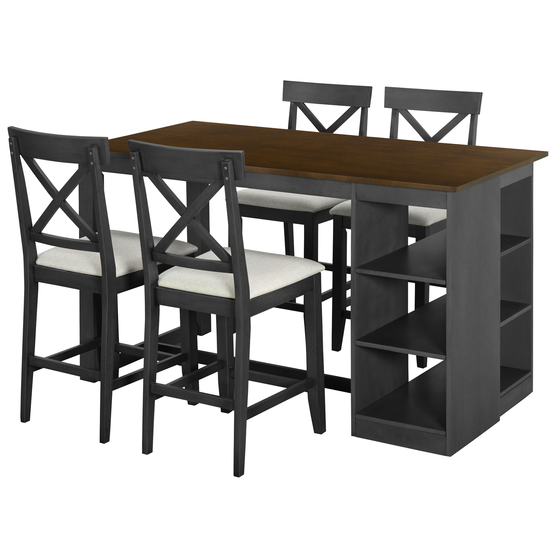 60"Lx30"W Solid Wood Farmhouse Counter Height Dining Table Set With 3 Tier Storage Shelves, Upholstered Dining Chairs For 4, 5 Piece, Gray Wood Dining Room Solid Wood Rubberwood Rectangular Dining Table With Chair Wood Wood Gray Seats 4 Farmhouse 4 Leg