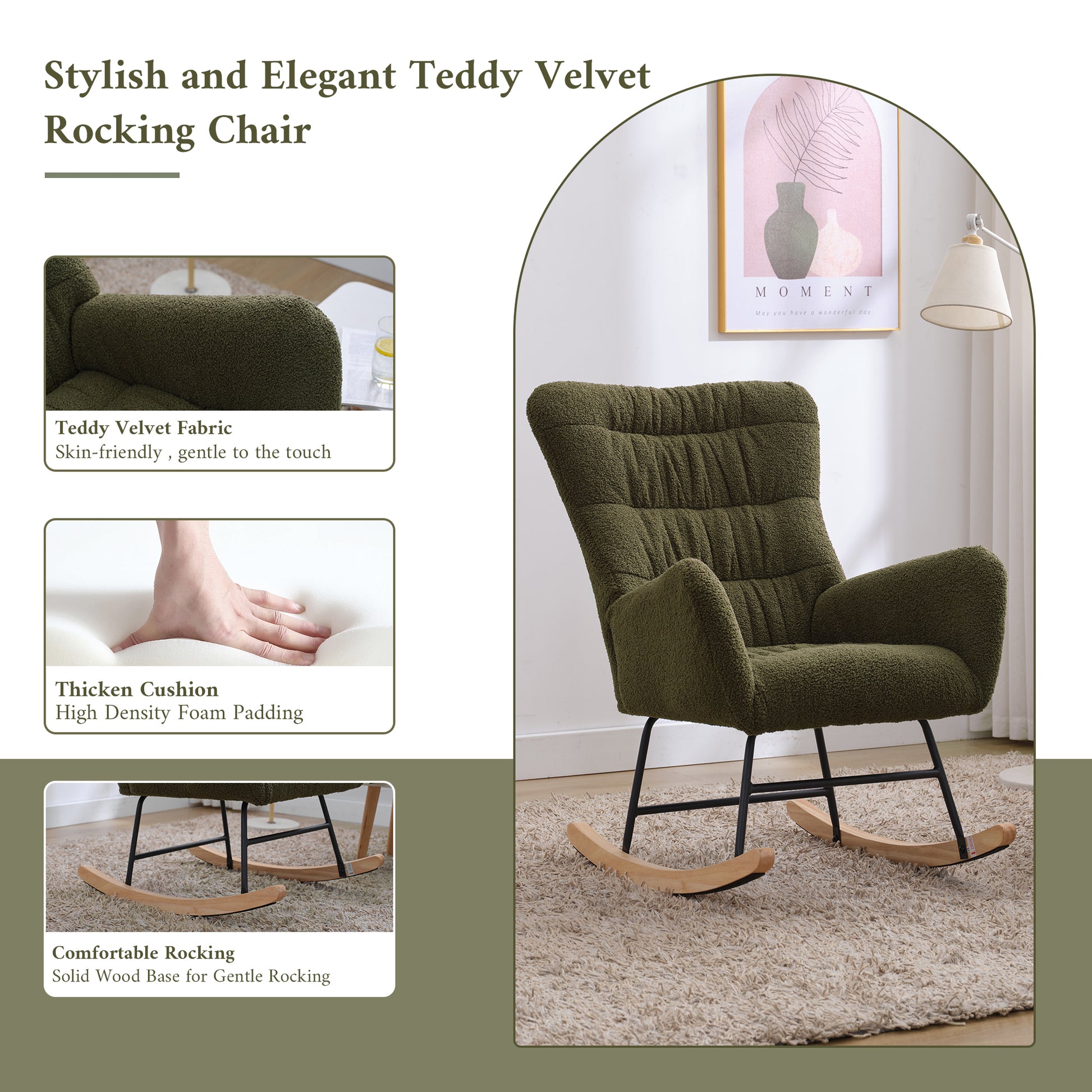 Nursery Rocking Chair, Teddy Upholstered Glider Rocker, Rocking Accent Chair With High Backrest, Comfy Rocking Accent Armchair For Living Room, Bedroom, Offices, Dark Green Iron Dark Green Primary Living Space Varnished Sponge Square Casual Rocking