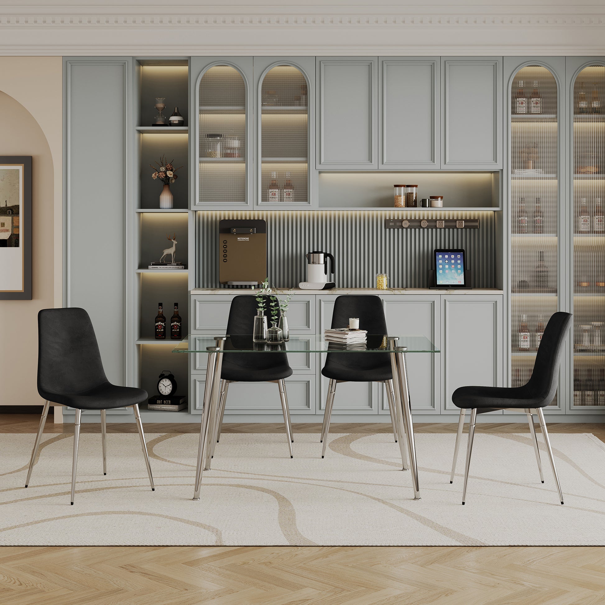 Dining Table Set Of 5, 0.32" Thick Tempered Glass Top Dining Table With Metal Legs And Four Fabric Dining Chairs, Table Size: 51.18" L X 31.50" W X 29.53" H Silver Tempered Glass